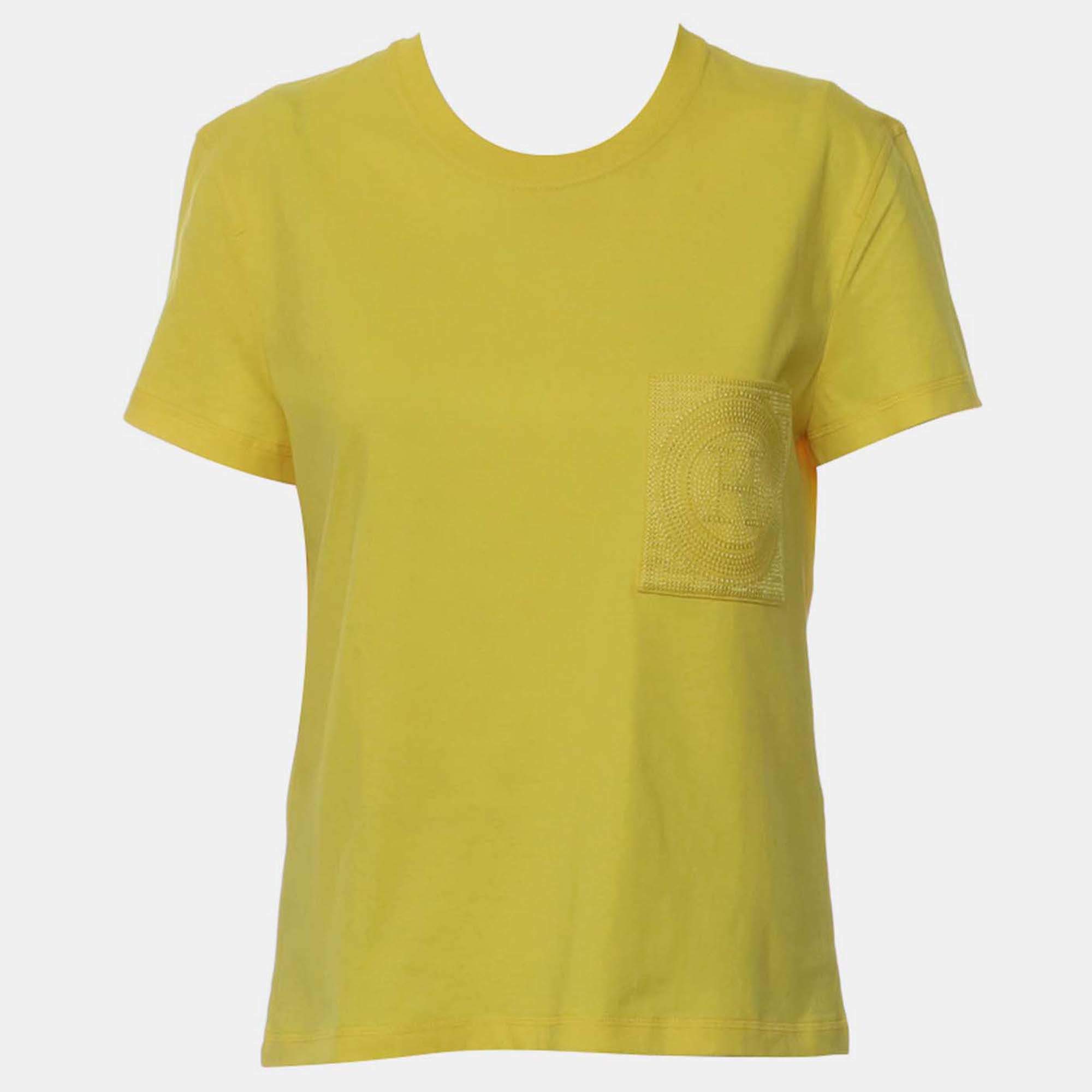 Pre Owned Hermes H Pocket Yellow Cotton Polyester T-Shirt
