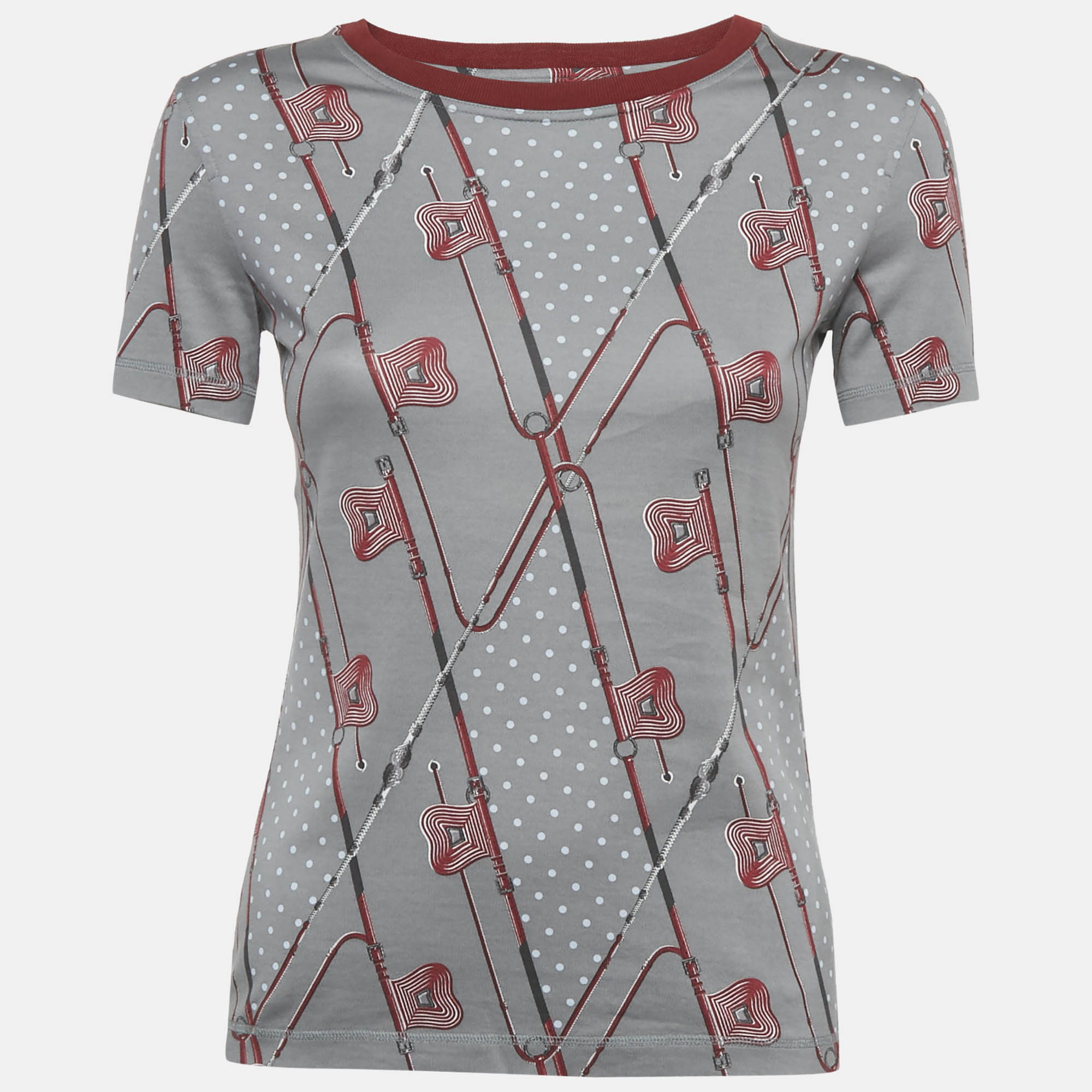 Pre Owned تي شيرت قطن طباعة كليك كلاك أ بواس لوسانج هيرمس رمادي مقاس صغير