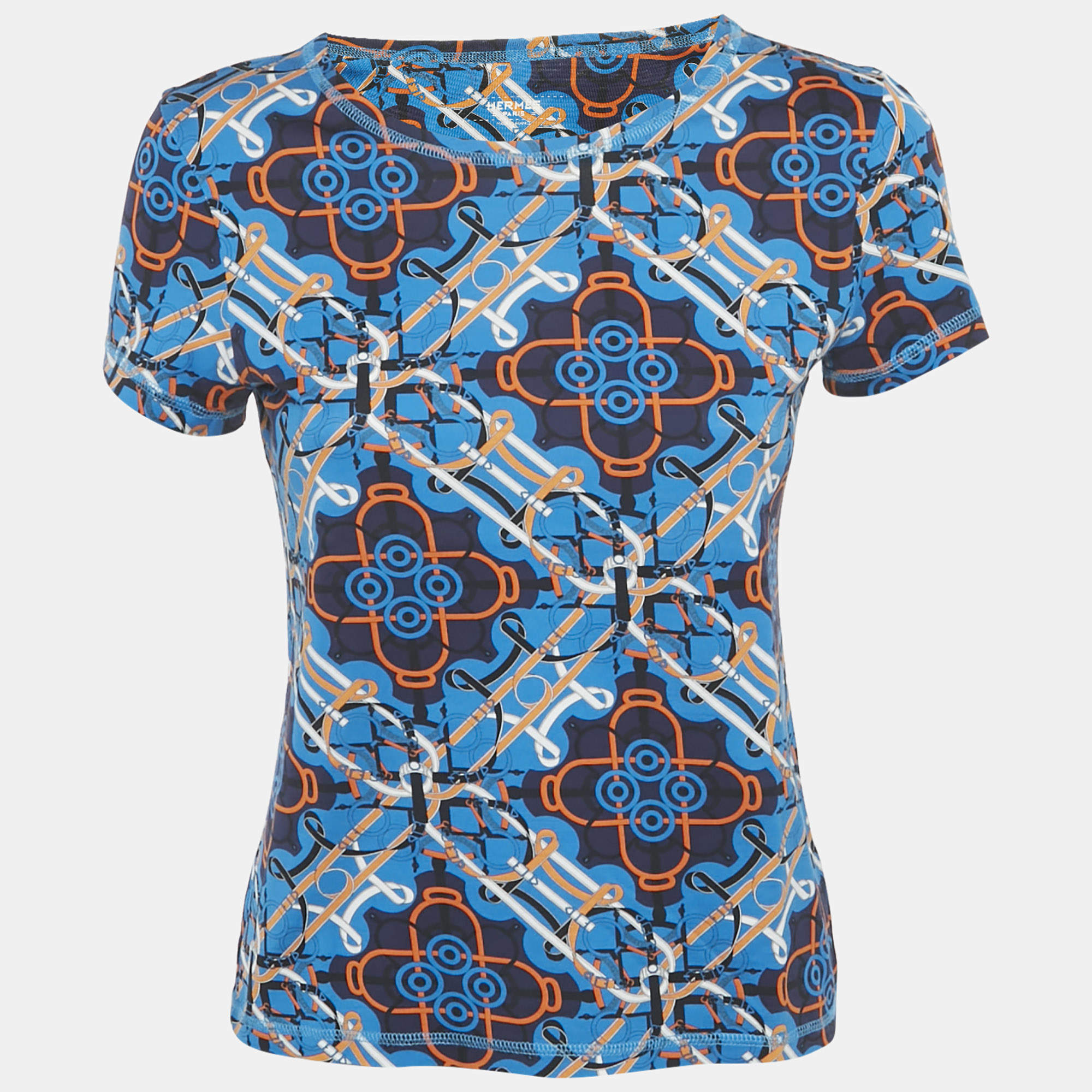 Pre Owned Hermes Blue/Multicolor Printed Cotton Round Neck T-Shirt S