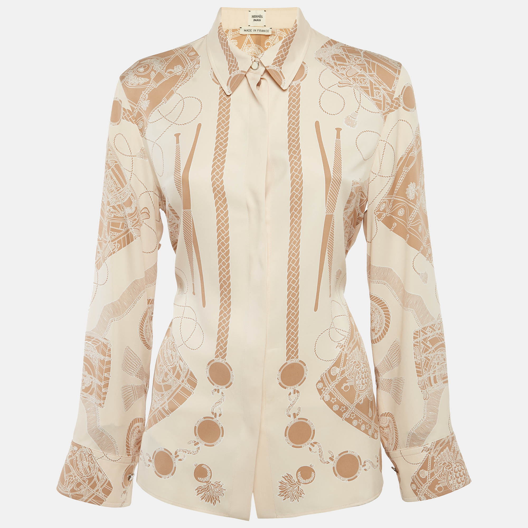 Pre Owned قميص هيرمس لي تامبورس فينيس حرير بيج مطبوع مقاس متوسط (ميديام)