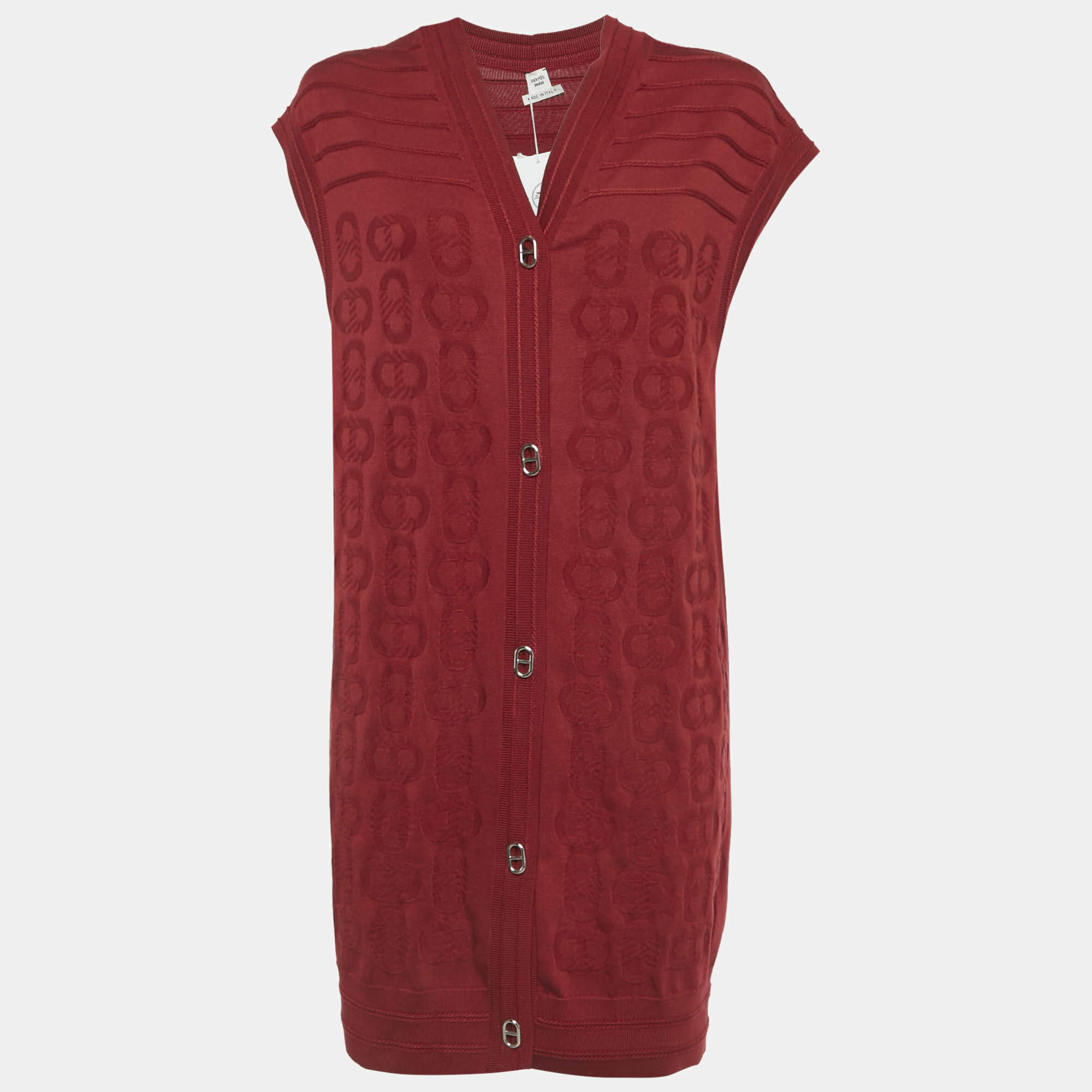 مملوكة مسبقًا Hermes Red Patterned Knit Sleeveless Cardigan S