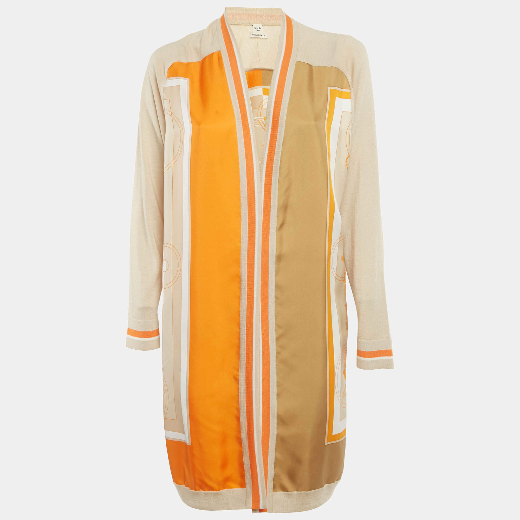 Pre Owned Hermes Beige Printed Silk and Wool Cardigan M