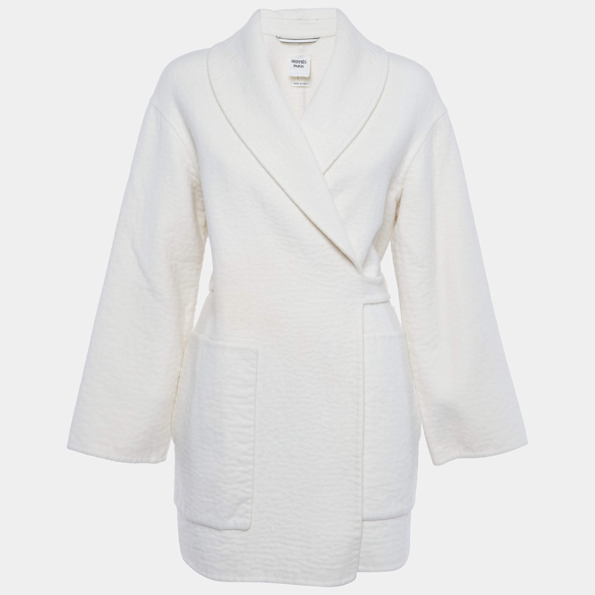 مملوكة مسبقًا Hermes White Cashmere Wrap Over Mid Length Coat M