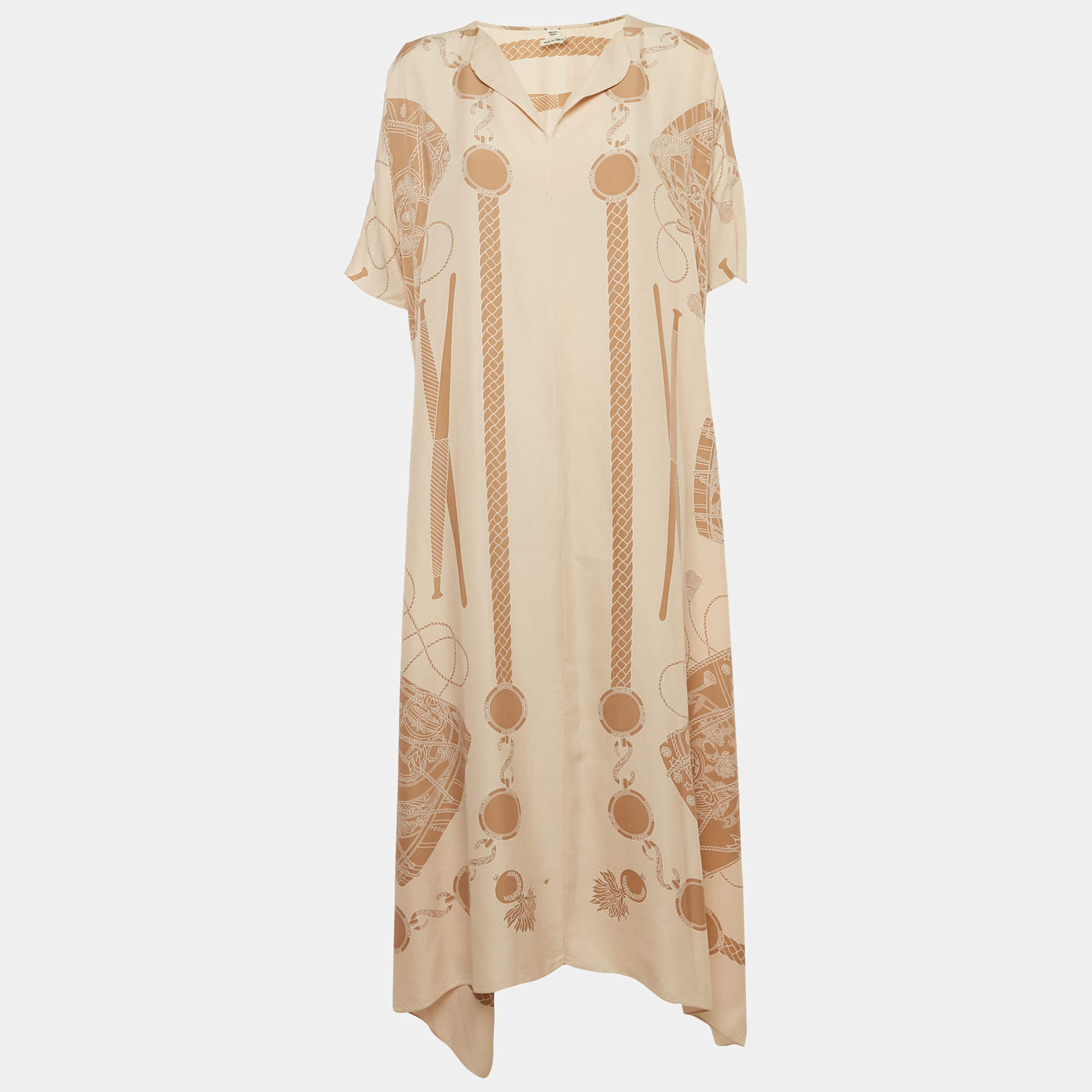 Pre Owned Hermès Blush Pink Printed Silk Oversized Maxi Dress L