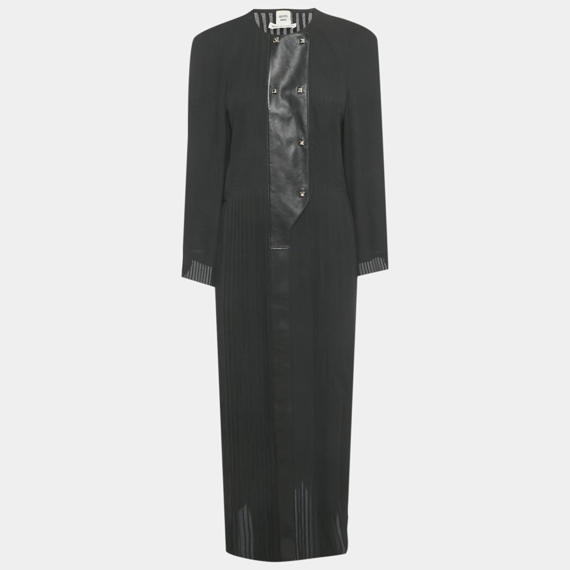 Pre Owned Hermes Black Plisse & Leather Trim Midi Dress M