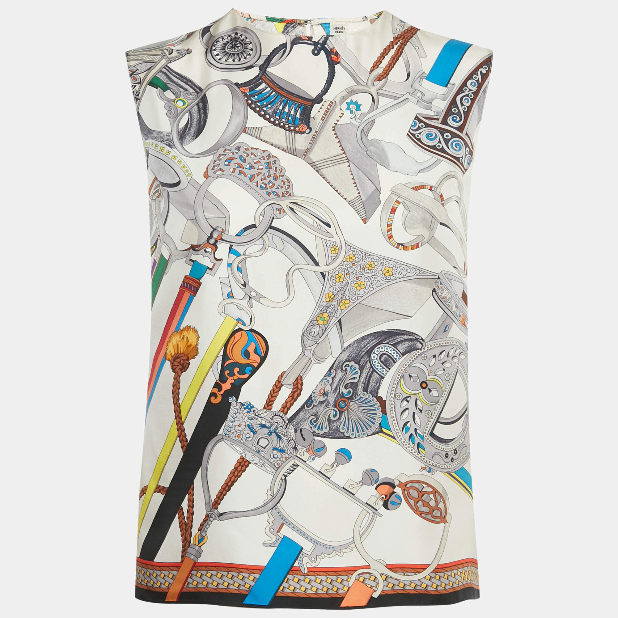 Pre Owned Hermès Multicolor Printed Silk Sleeveless Top S
