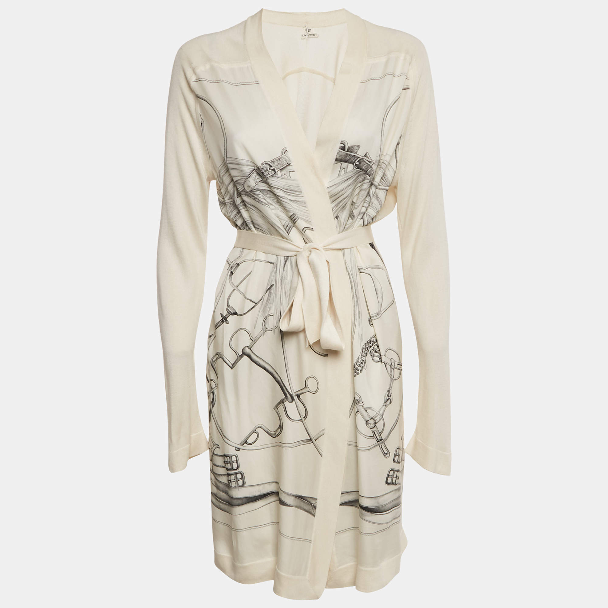 Pre Owned Hermes Navy Beige Printed Silk and  Knit Open Front Cardigan M