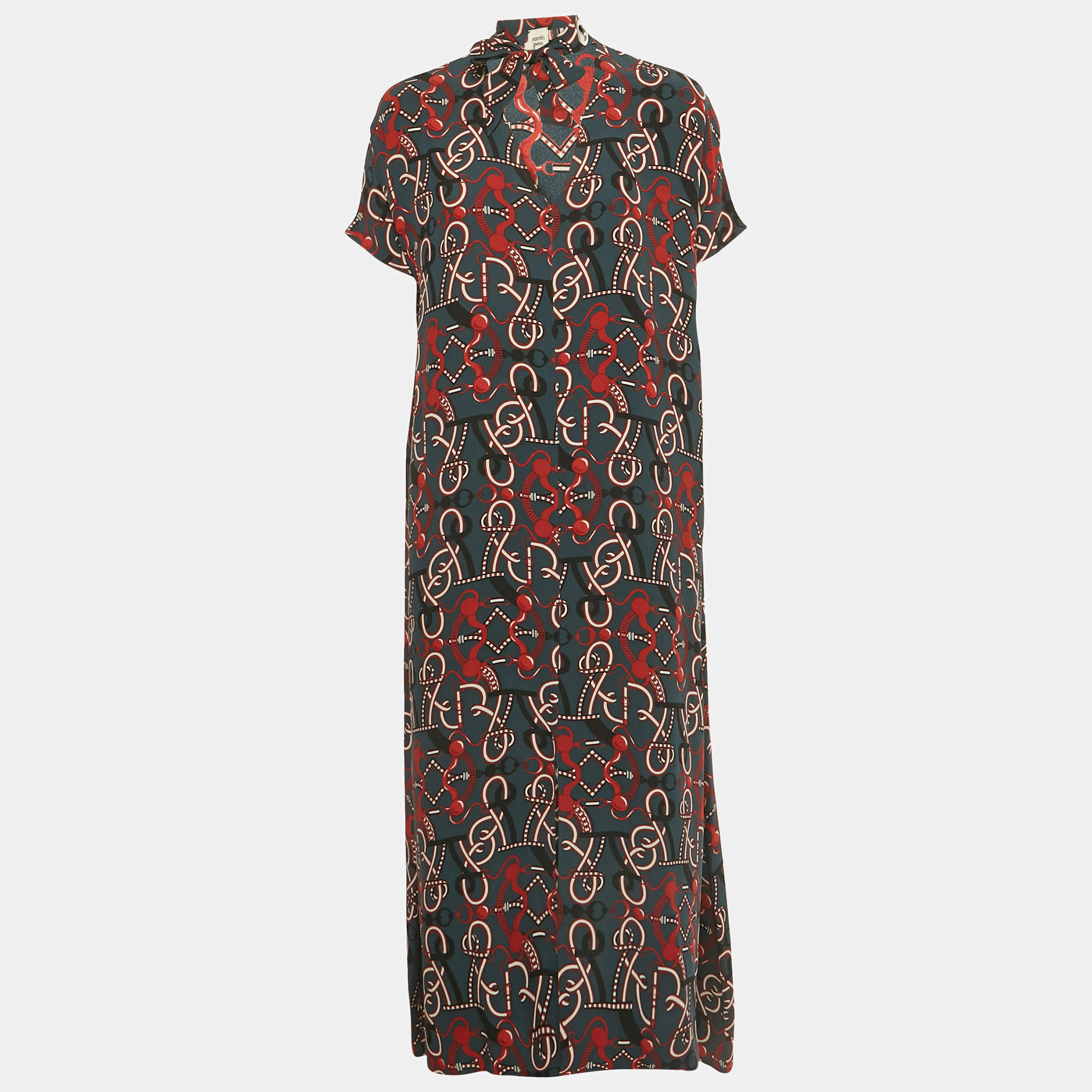 Pre Owned Hermes Grey Printed Silk Neck Tie Midi Dress M