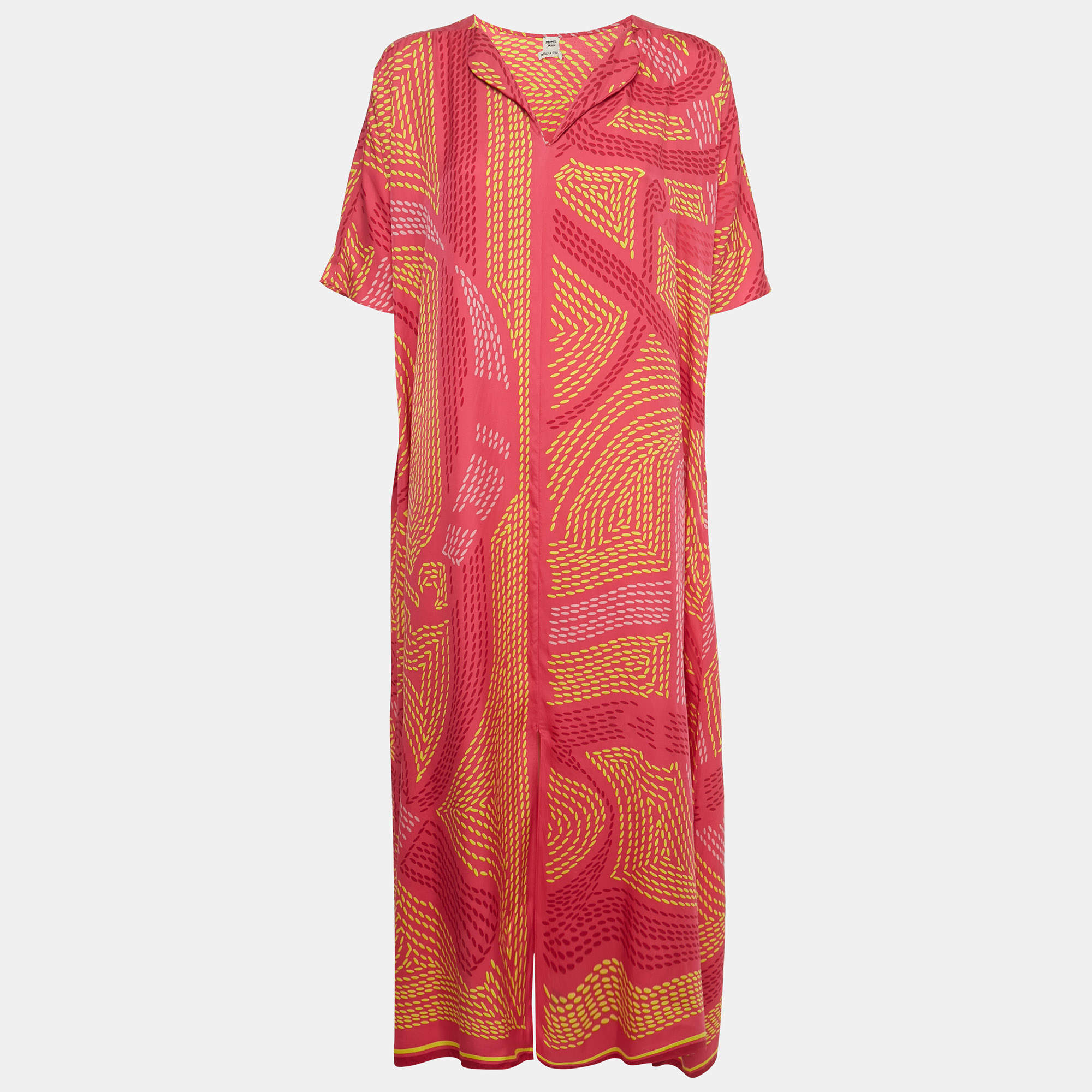 مملوكة مسبقًا Hermes Pink Printed Silk Maxi Dress S