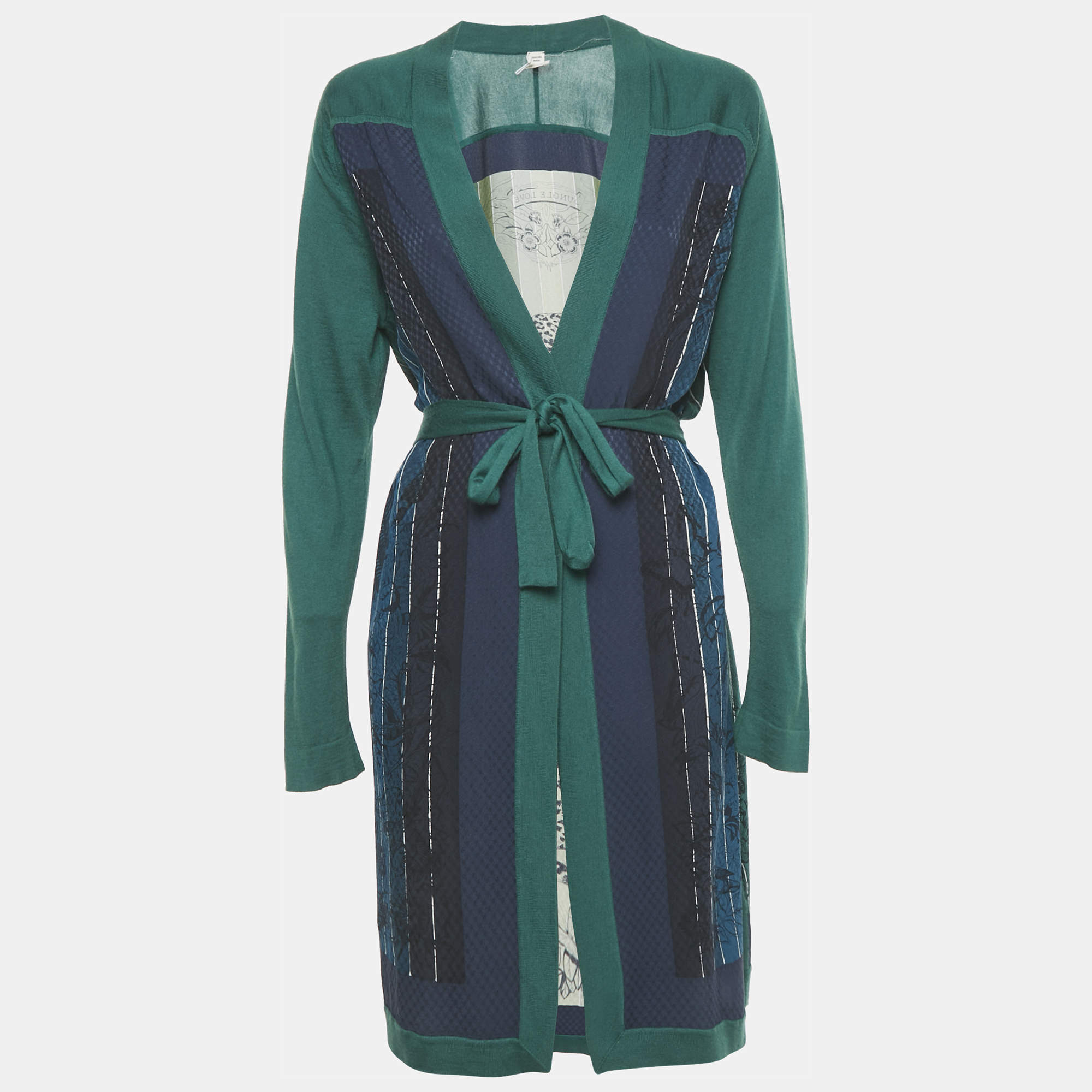 Pre Owned Hermès Green Printed Cashmere and Silk Open Front Cardigan M