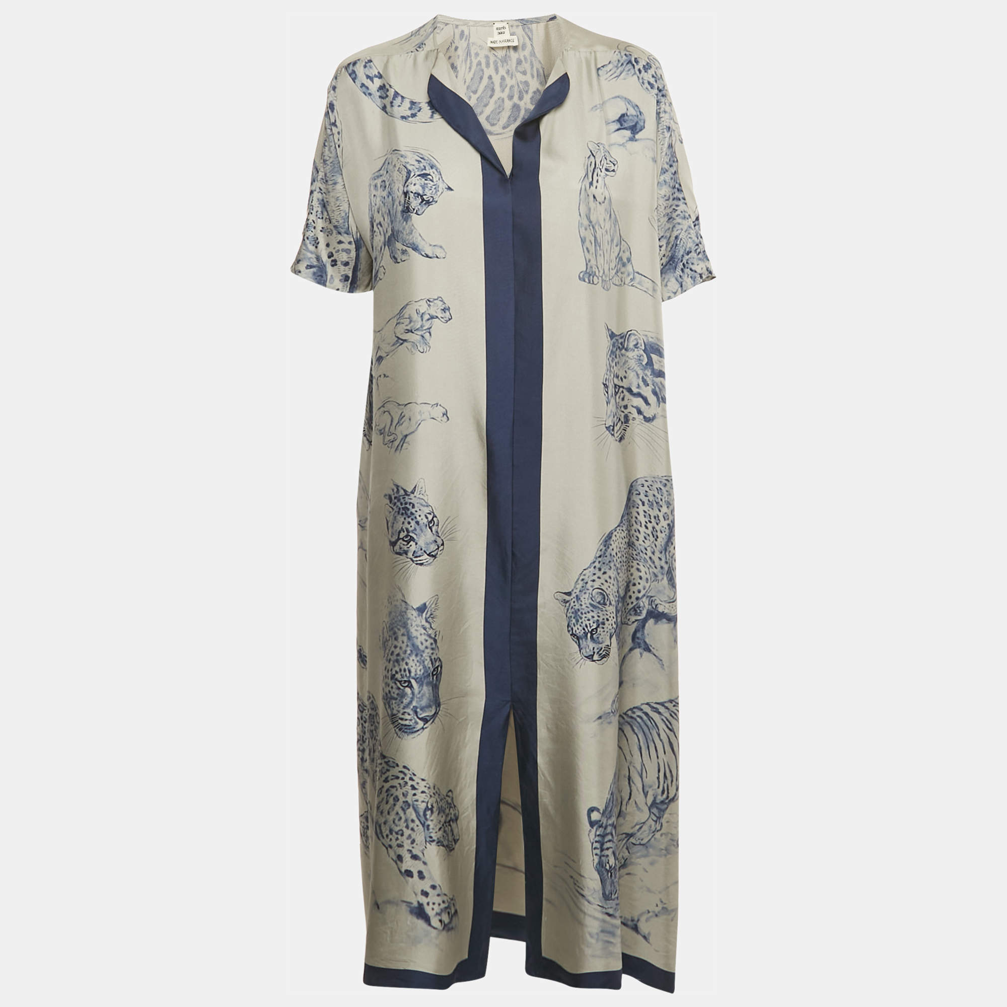 مملوكة مسبقًا Hermes Grey/Navy Blue Printed Silk Kimmo Midi Dress M