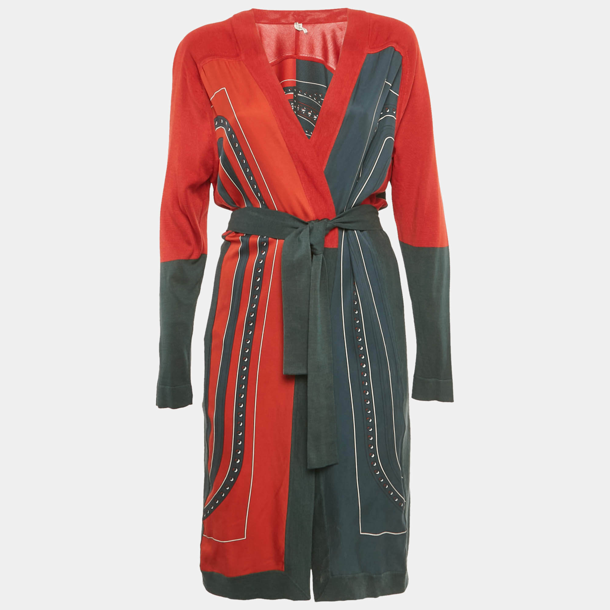 مملوكة مسبقًا Hermes Grey/Red Knit Printed Knit Belted Cardigan M