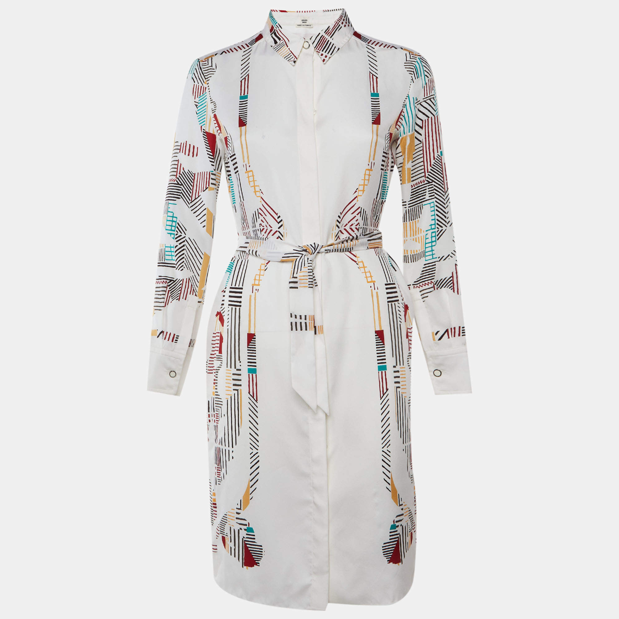 مملوكة مسبقًا Hermes Ivory Cavalcadour Morning Print Silk Shirt Dress S