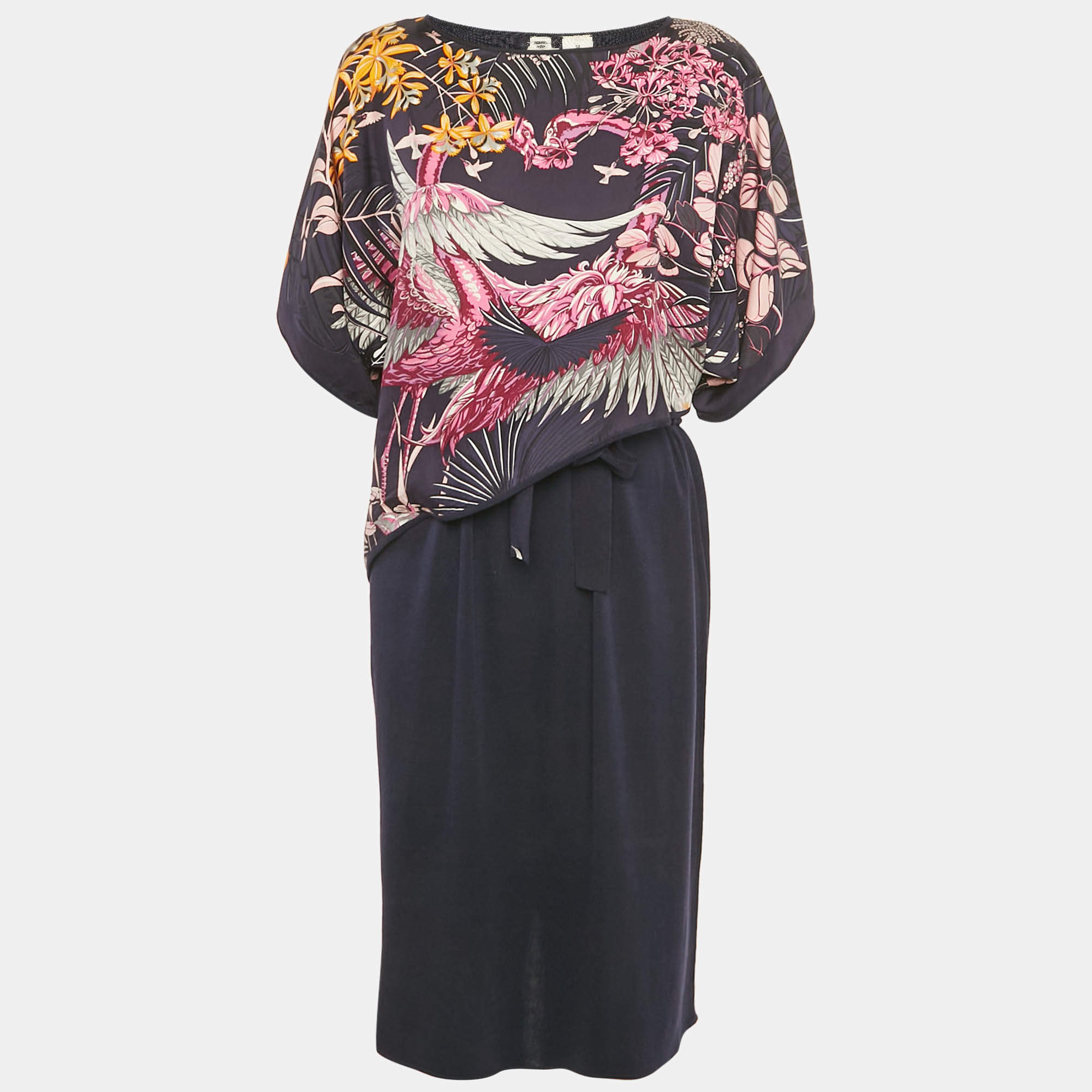 Pre Owned Hermès Blue Printed Silk & Wool Knit Short Dress M