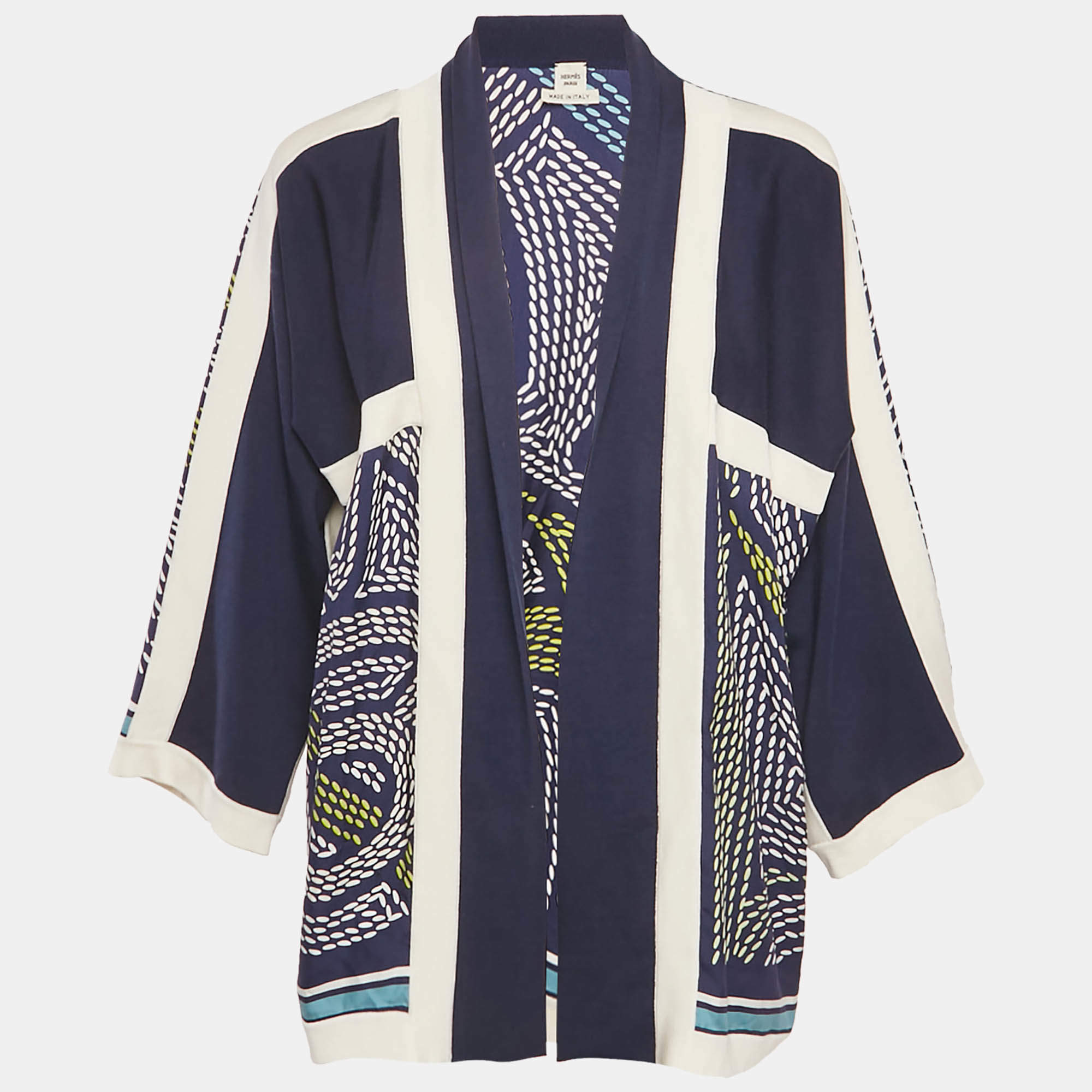 مملوكة مسبقًا Hermes Navy Blue Printed Silk & Knit Open Shrug M