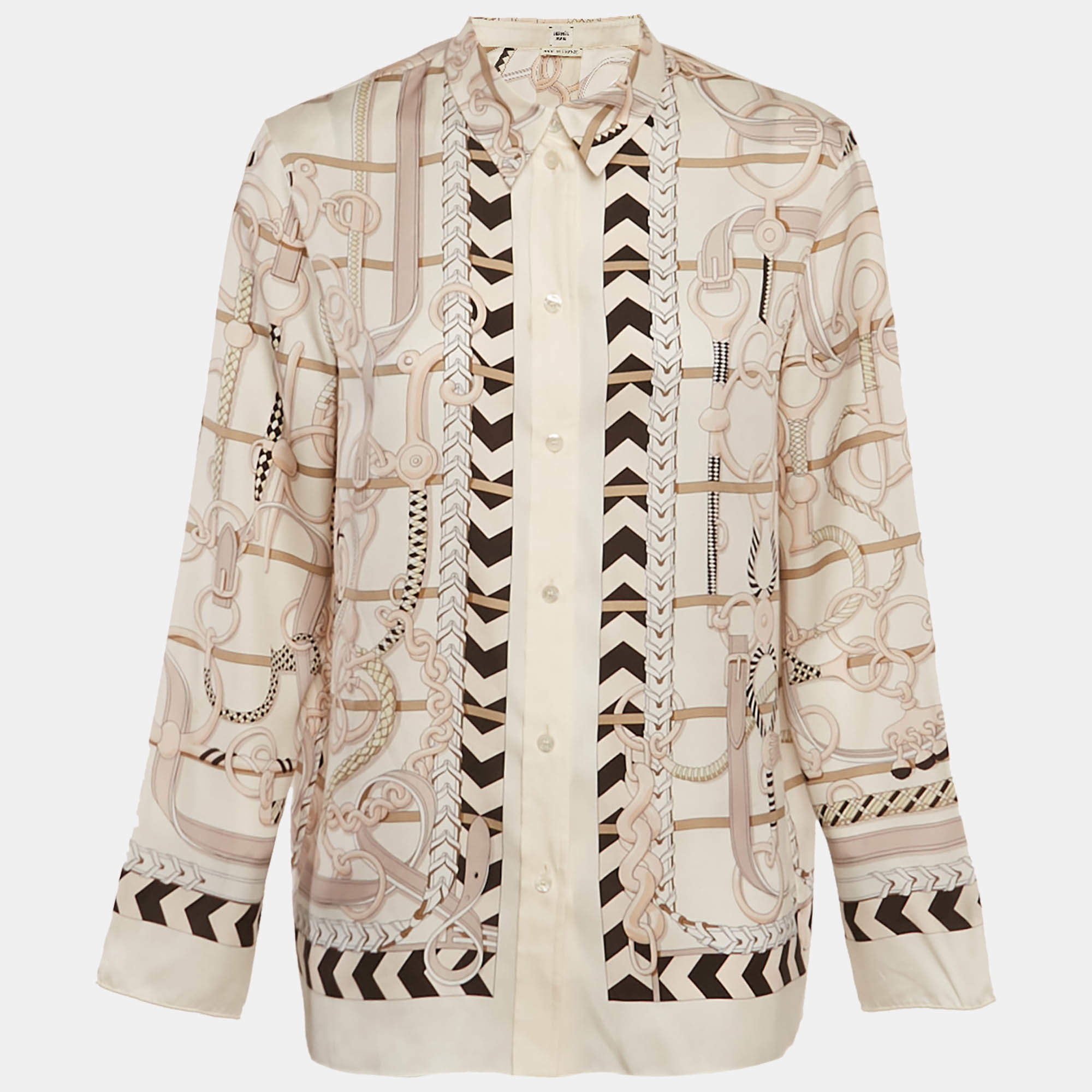 مملوكة مسبقًا Hermes Beige Buckle Printed Silk Button Front Shirt M