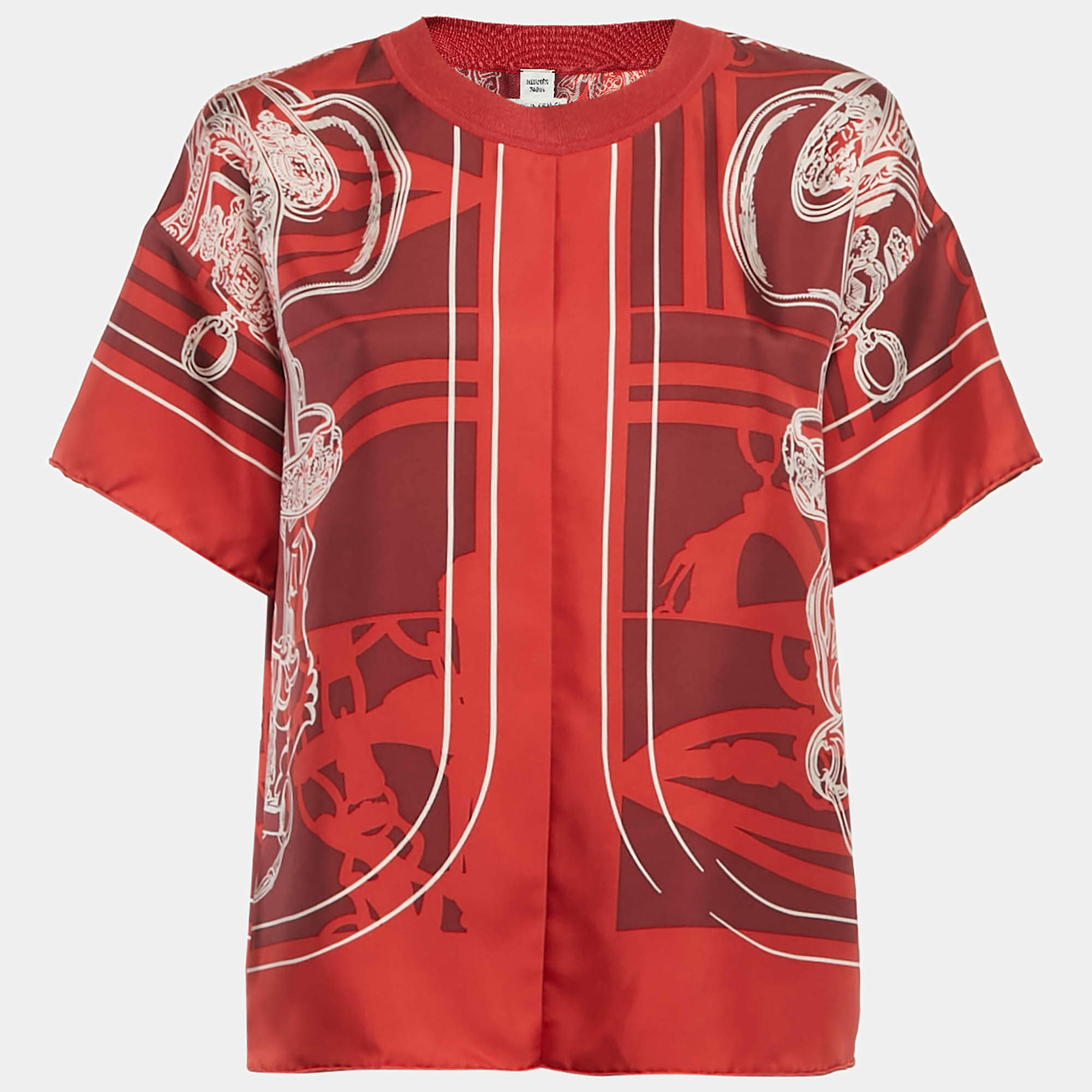Pre Owned Hermes Red Printed Silk Top L