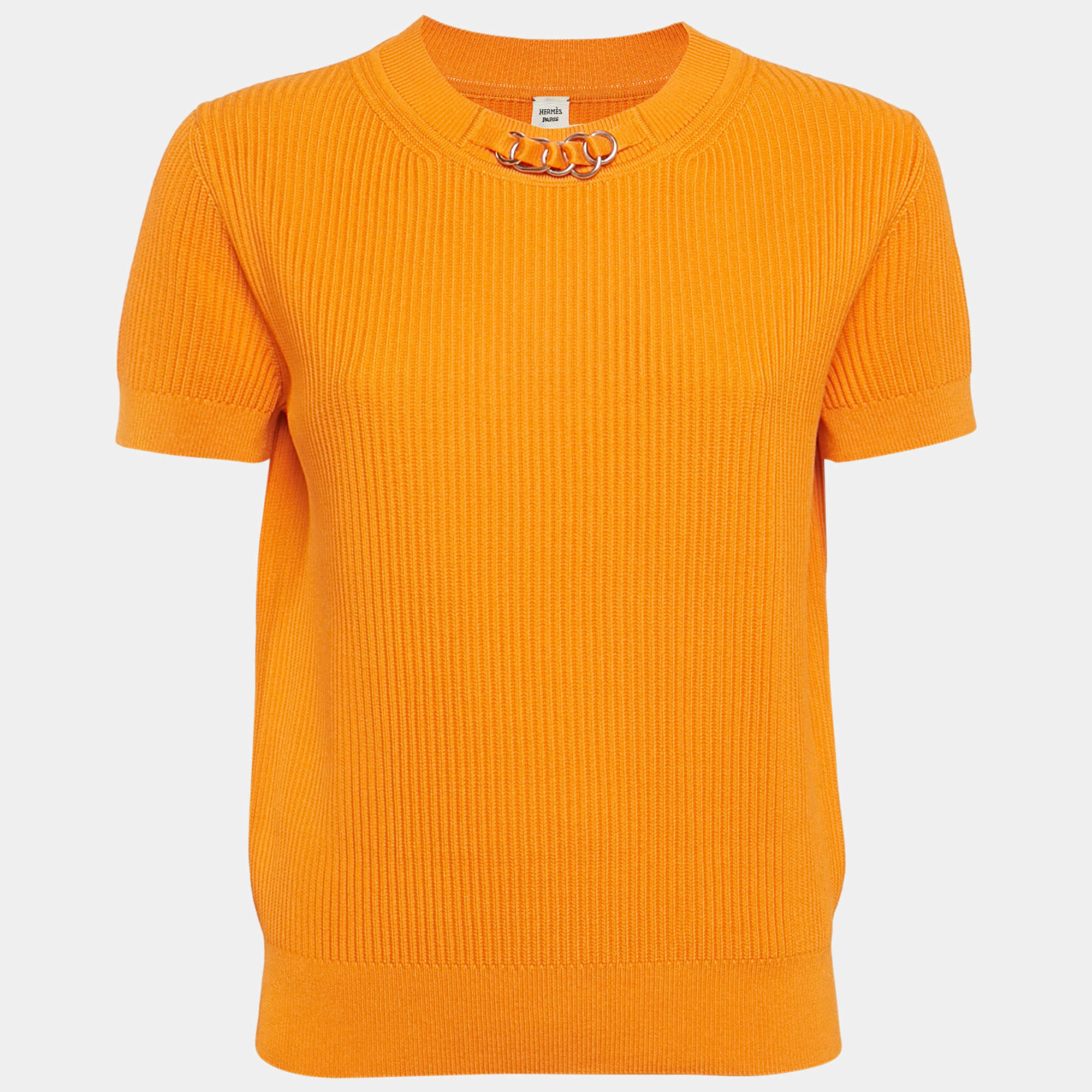 Pre Owned توب هيرمس برقبة دائرية مضلع برتقالي مقاس متوسط