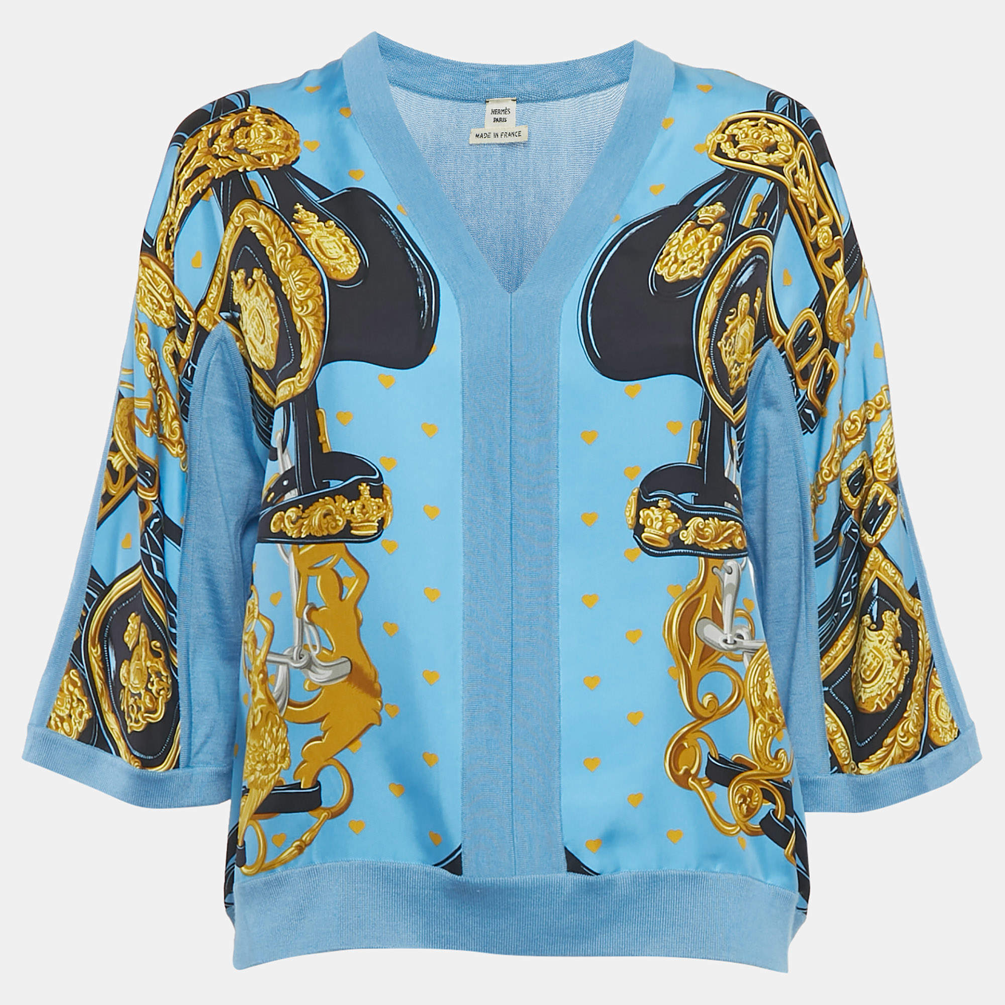 Pre Owned Hermes Blue Printed Silk and Knit V-Neck Top M