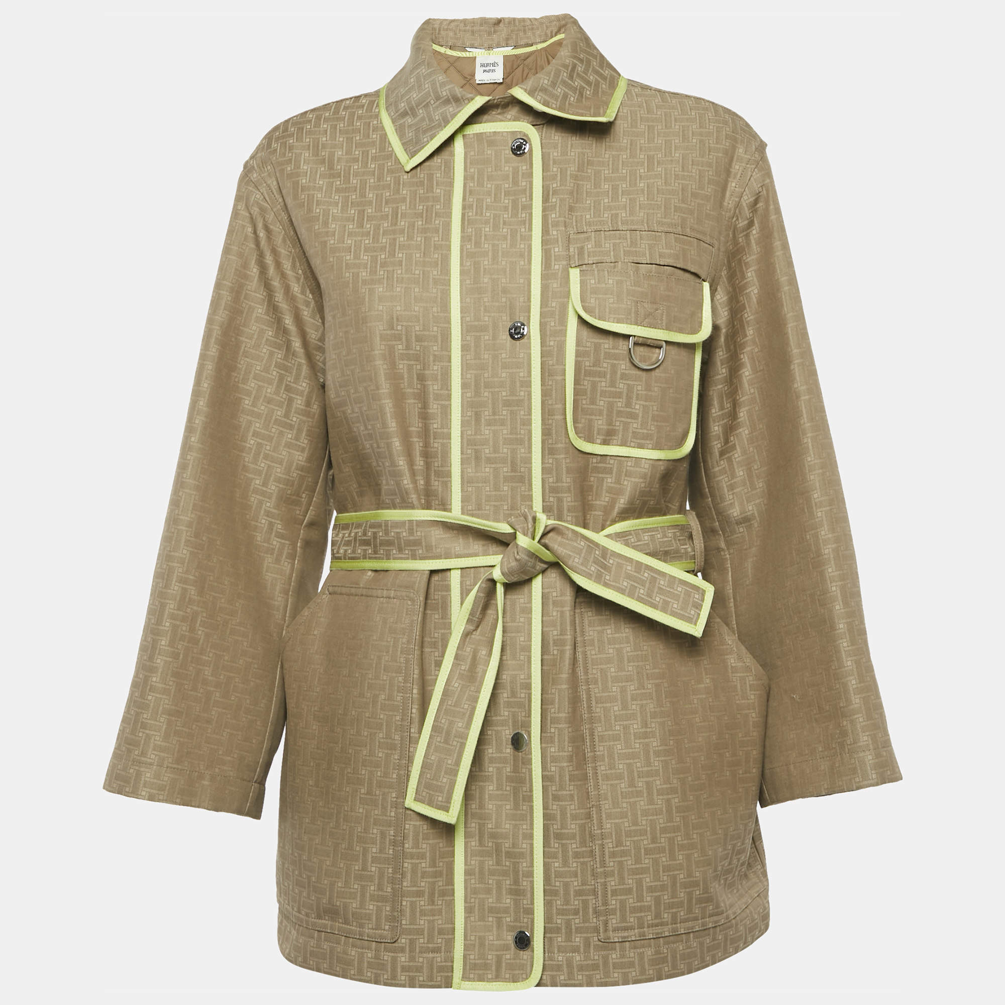 Pre Owned Hermes Light Brown Faconnée H Pattern Zip Up Coat S