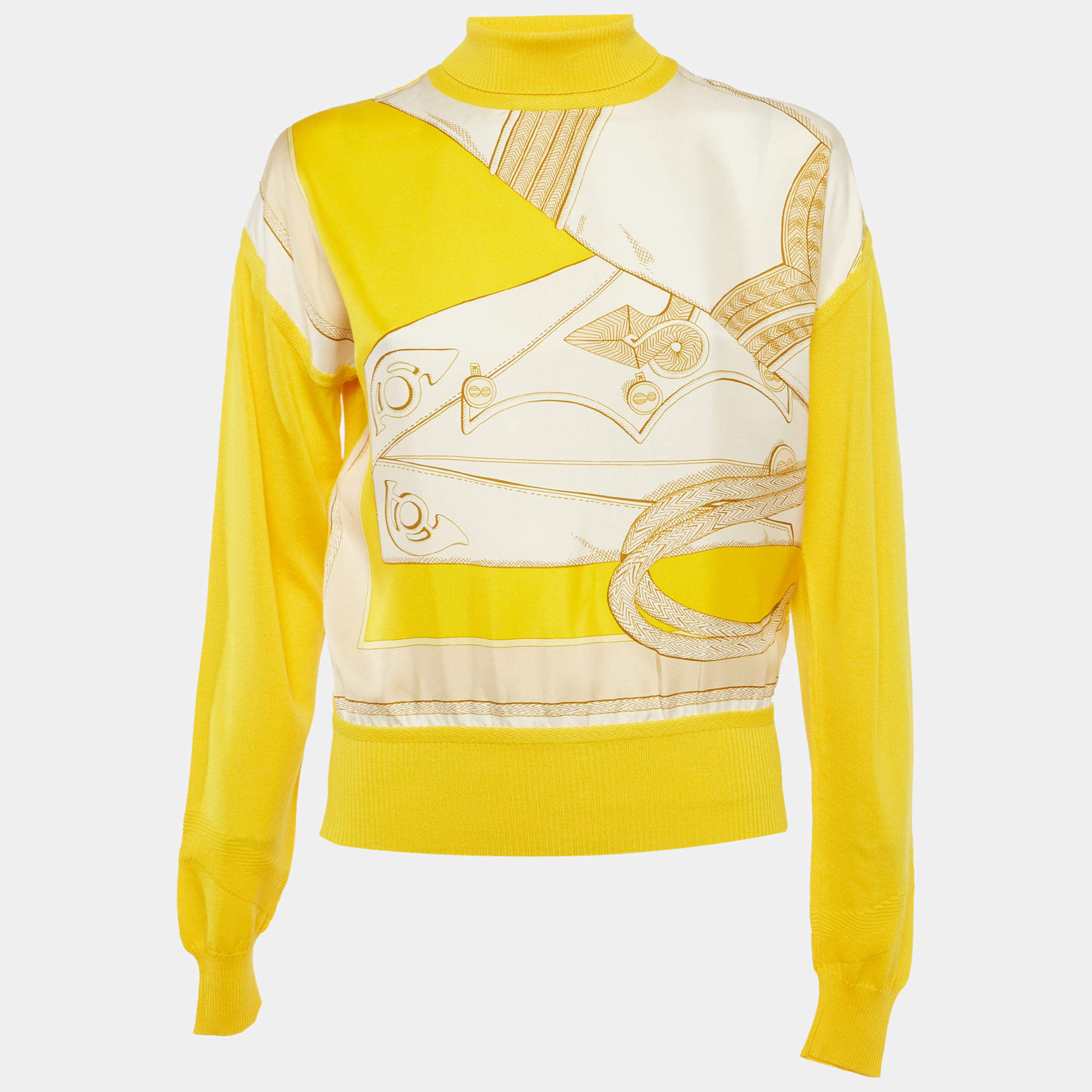 Pre Owned Hermes Yellow Silk & Wool Twillaine High Neck Sweater S