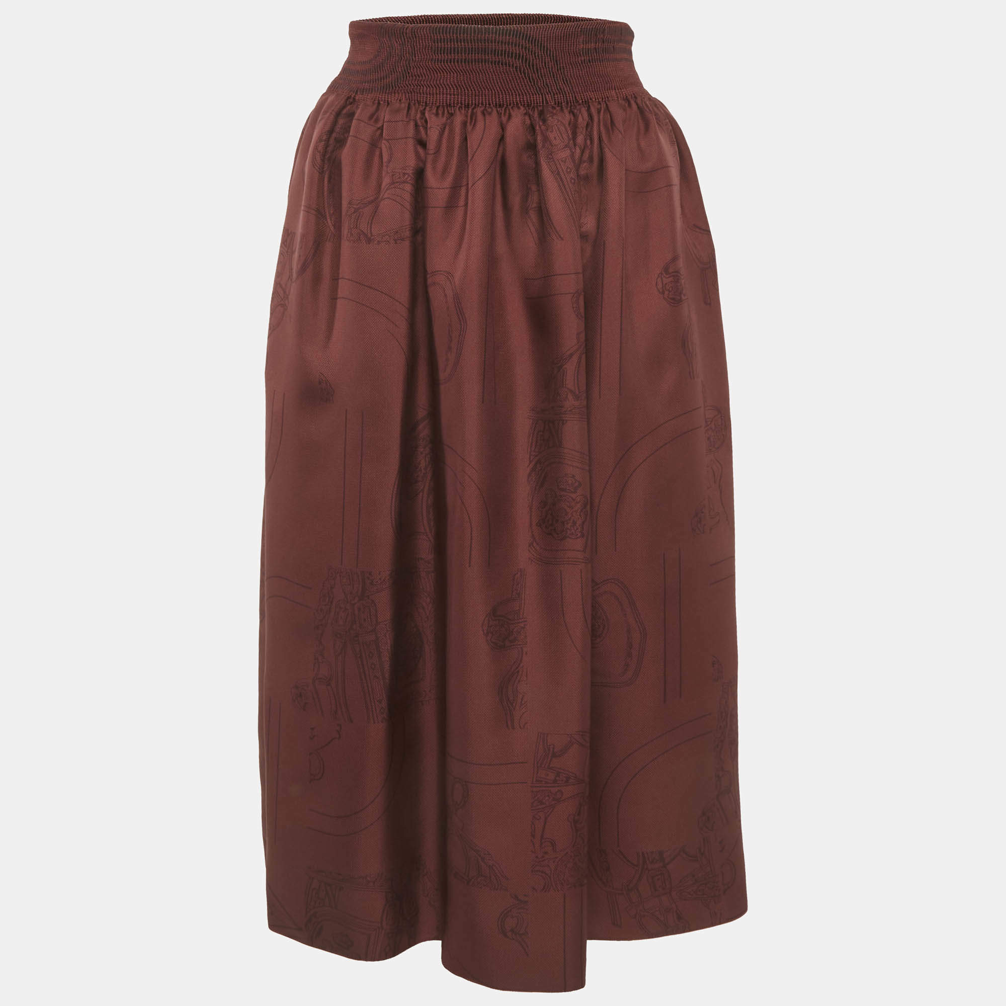Pre Owned Hermes Brown Printed Silk En Desordre Finesse Midi Skirt S