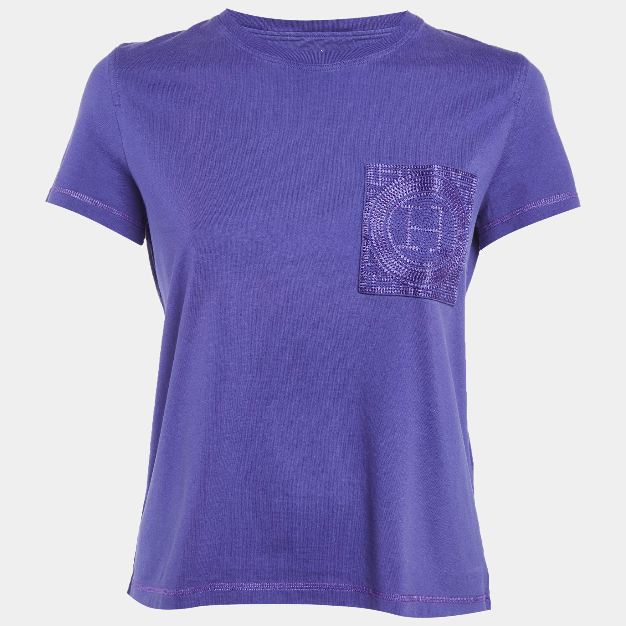 Pre Owned Hermes Purple Jersey Embroidered Pocket T-Shirt M