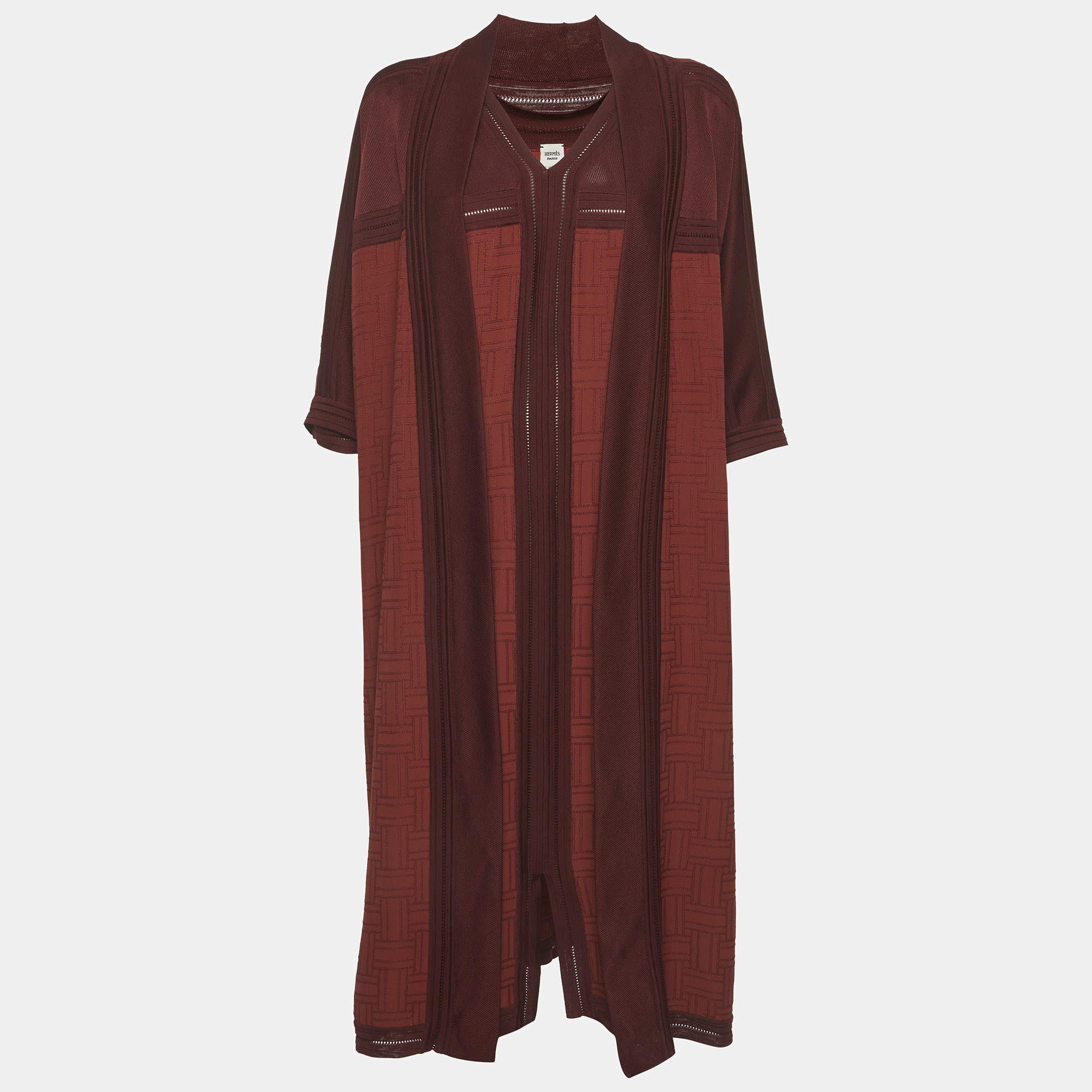 Pre Owned Hermes Brown Embroidered Sateen and Knit Dress Set S