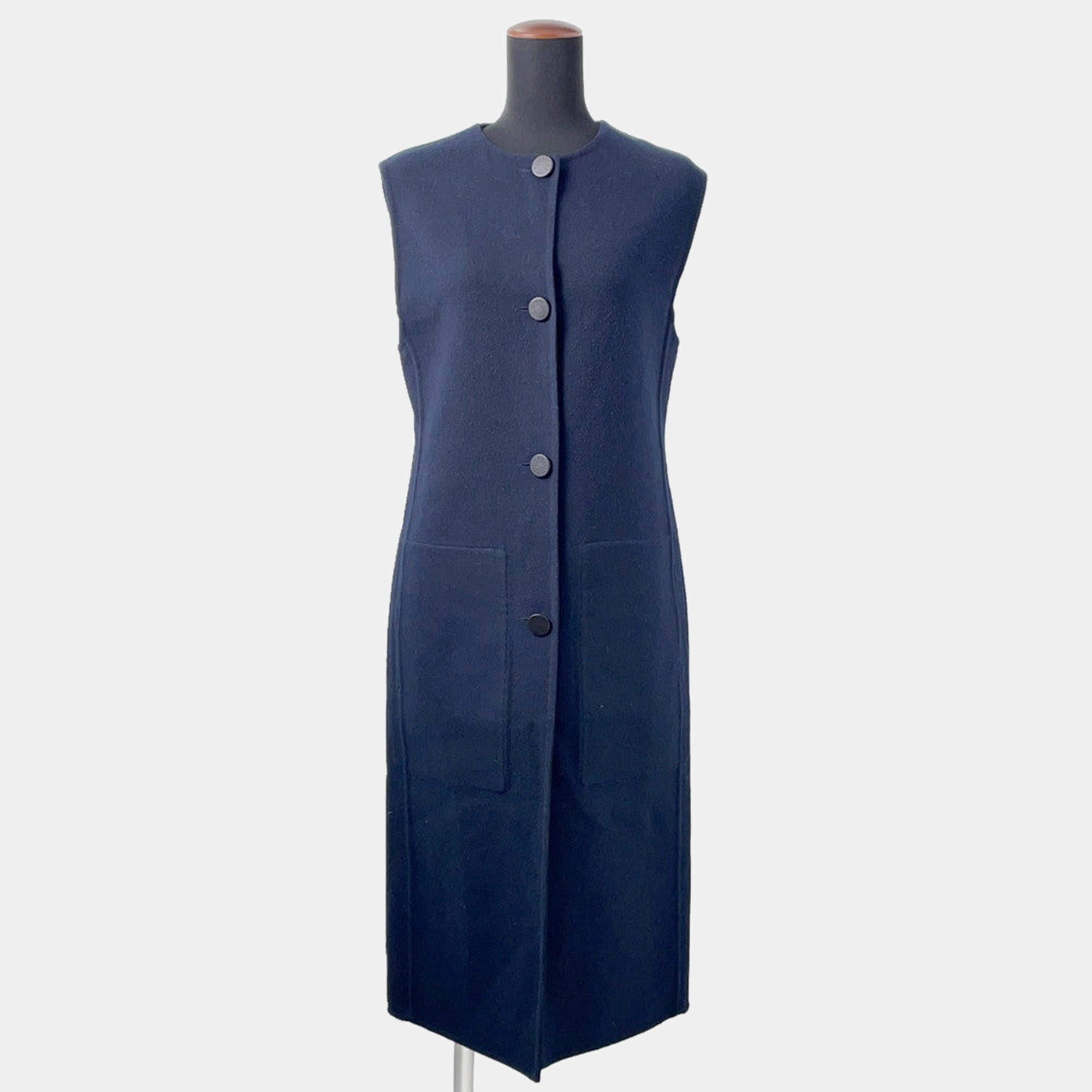 Pre Owned Hermes Long Gilet Size 34 Navy Cashmere100%