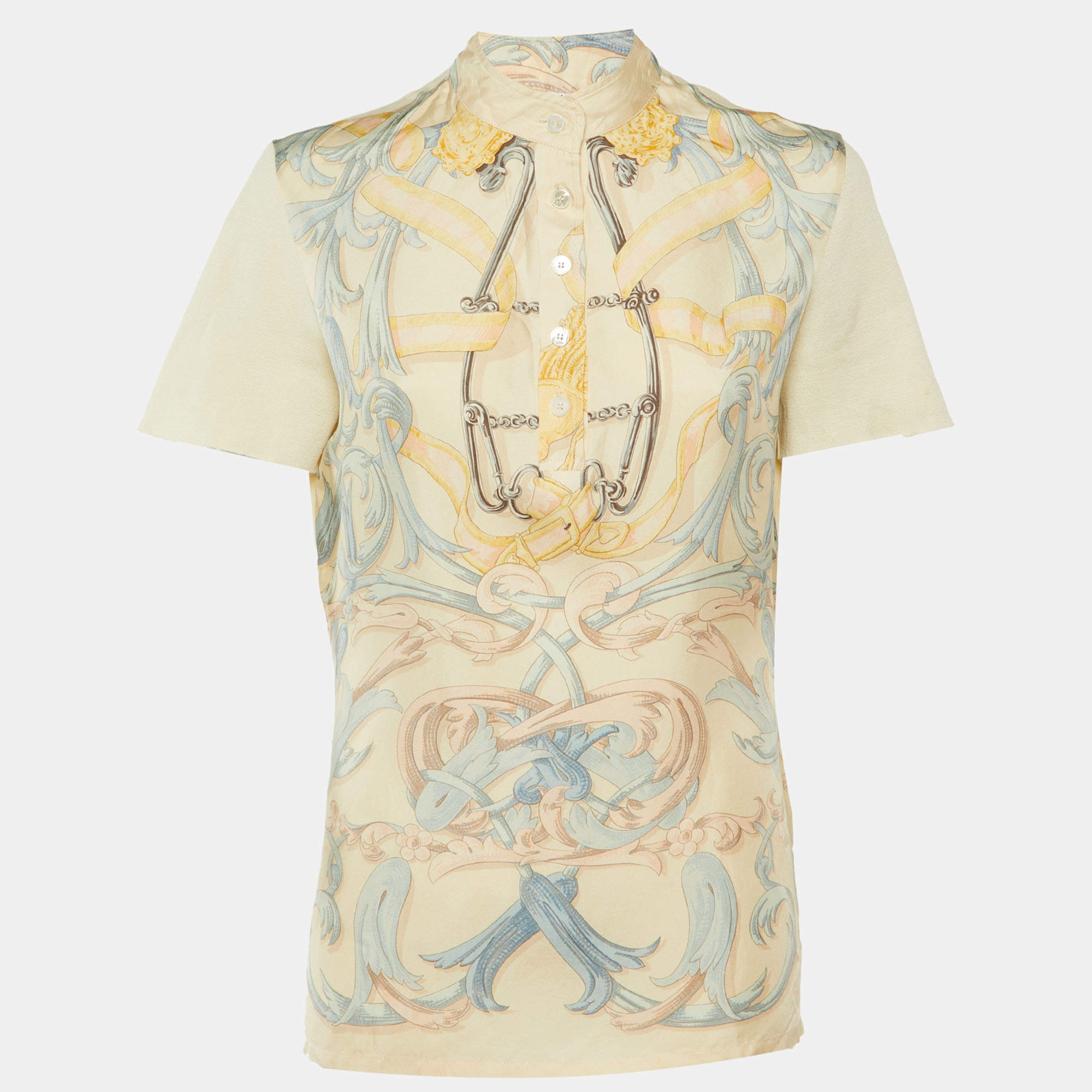 Pre Owned Hermes Vintage Cream Printed Silk & Knit Mandarin Collar Top M