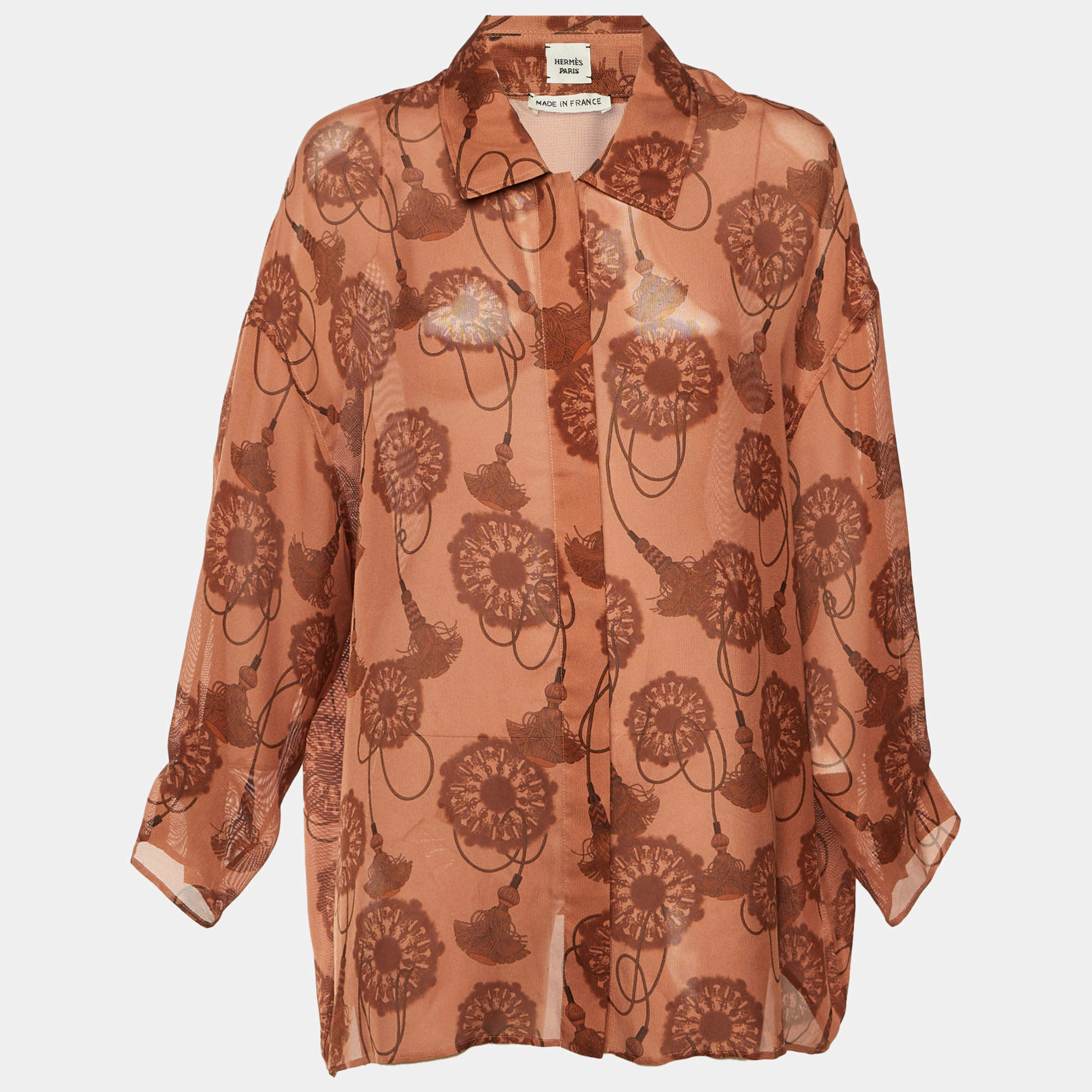 مملوكة مسبقًا Hermes Brown Cliquetis Aquarelle Silk Sheer Wide Shirt L