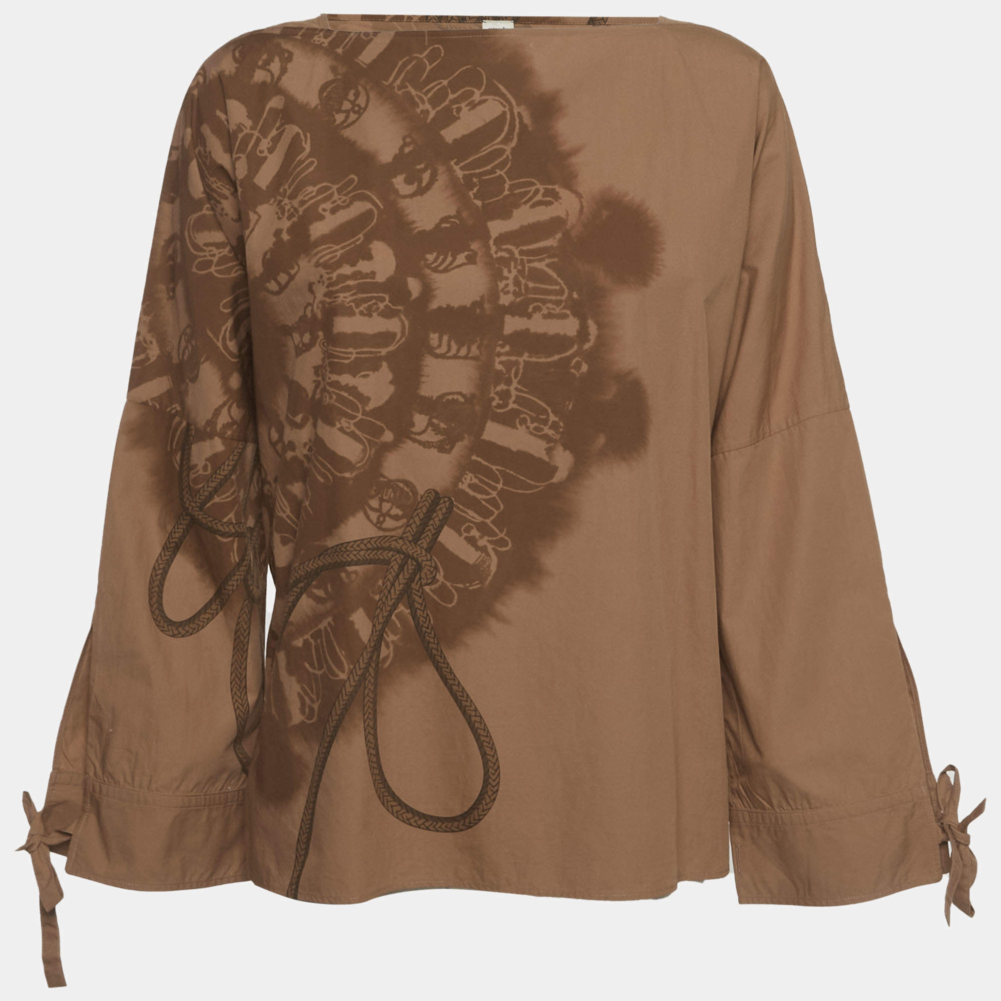 Pre Owned Hermes Brown Printed Cotton Leather Trim Blouse S