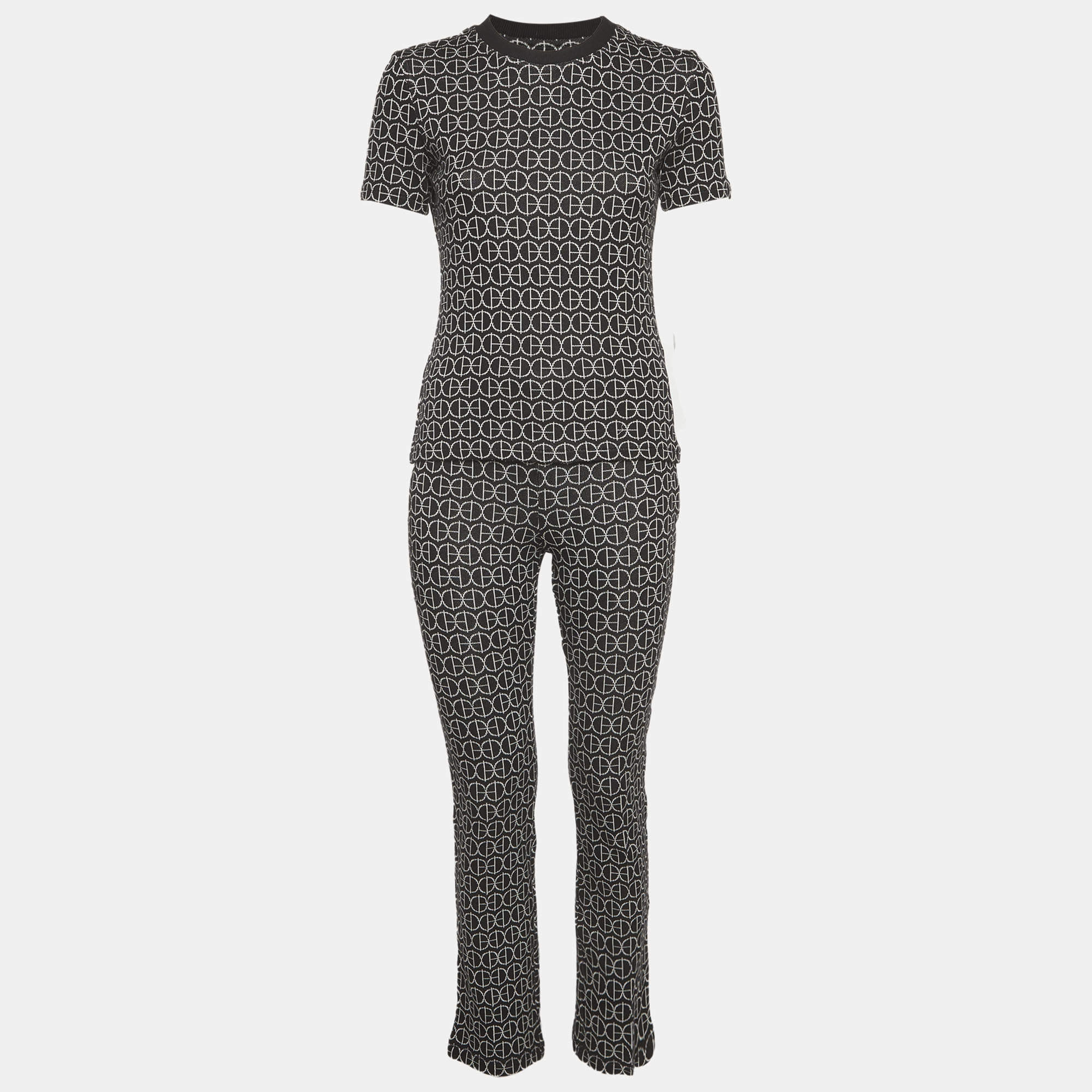 مملوكة مسبقًا طقم بنطلون و تي شيرت هيرمس تريكو جاكار بحرف H أحادي اللون أسود صغير/متوسط