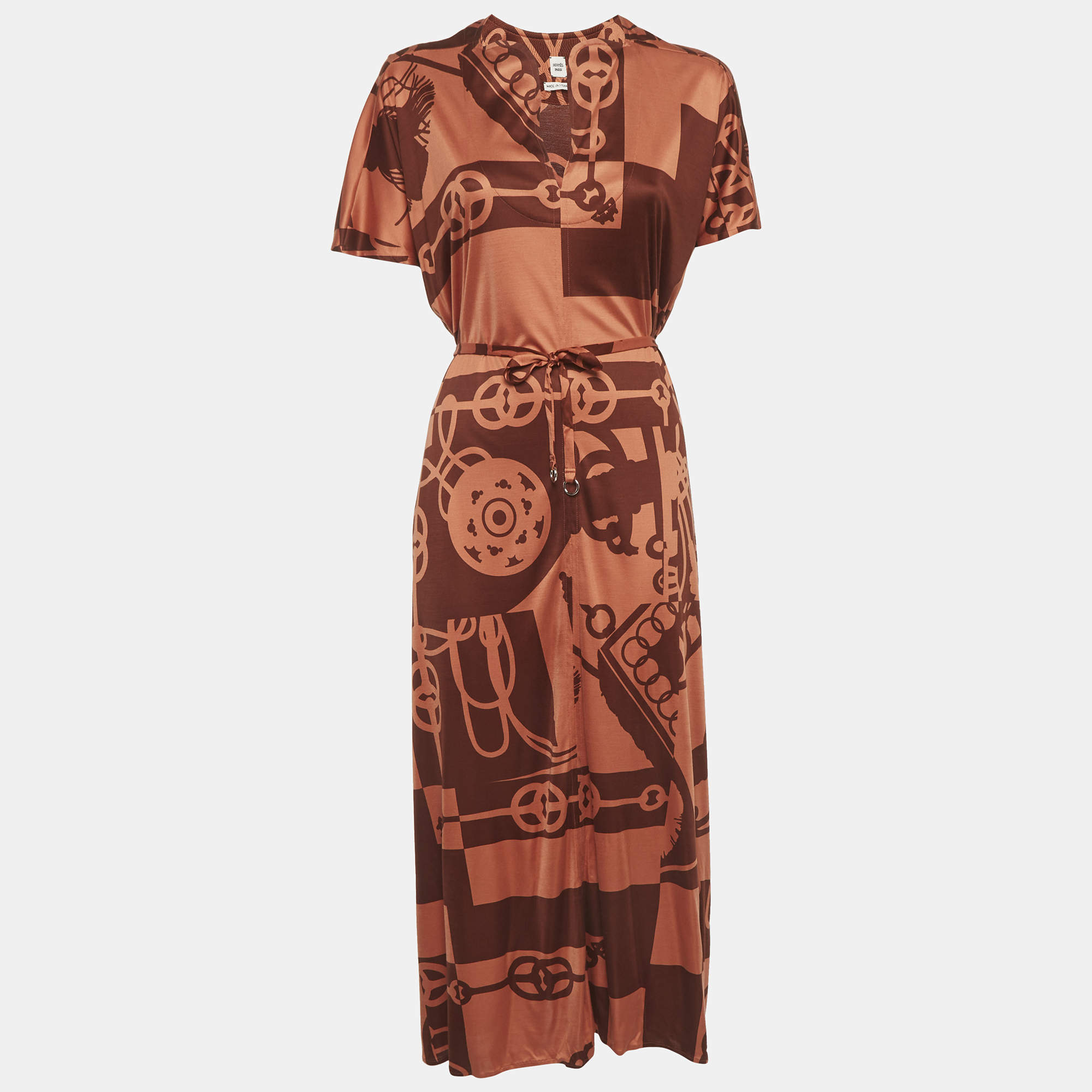 Pre Owned Hermès Brown Printed Jersey Midi Dress S