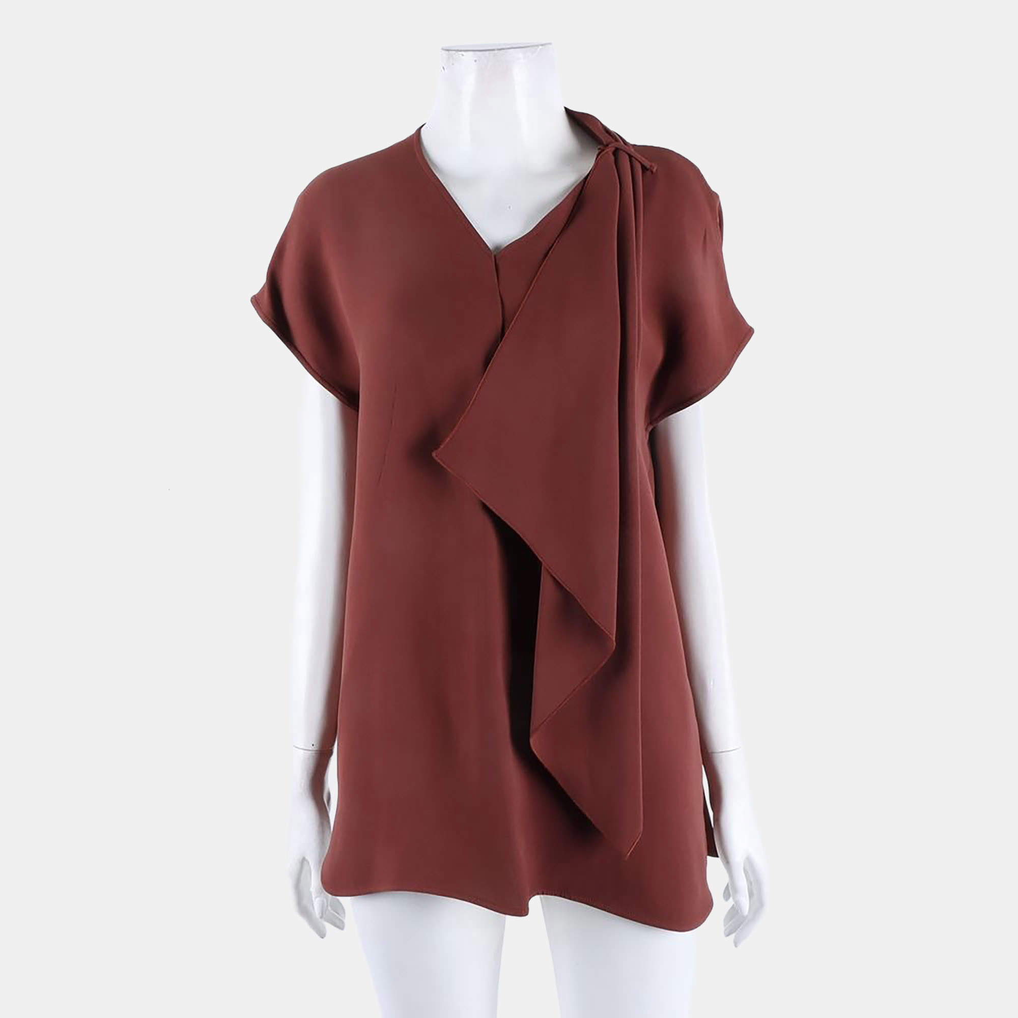 Pre Owned Hermès Brown Silk Short Sleeved Blouse Size M