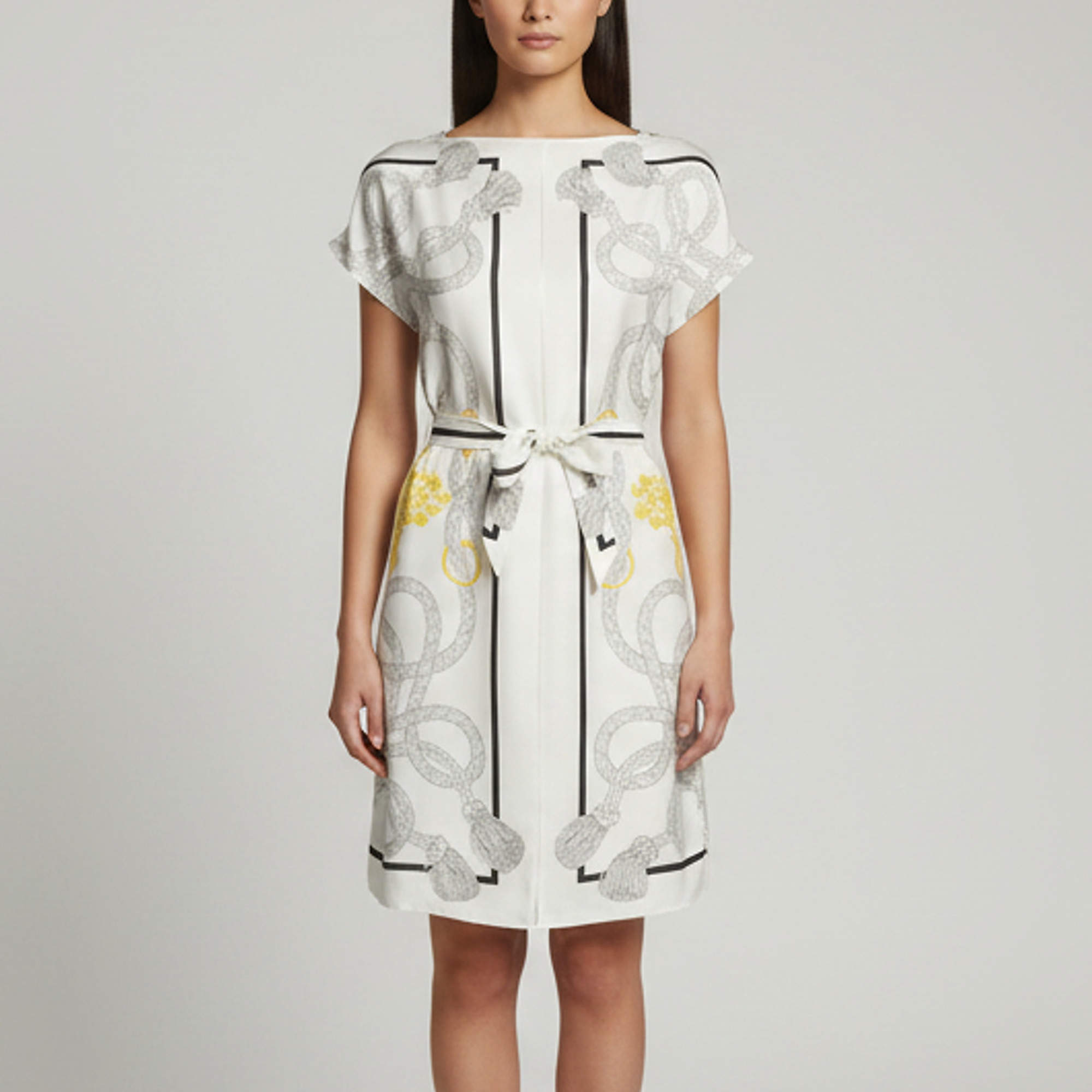 Pre Owned Hermes White Palefroi Remix Silk Mini Tunic Dress M