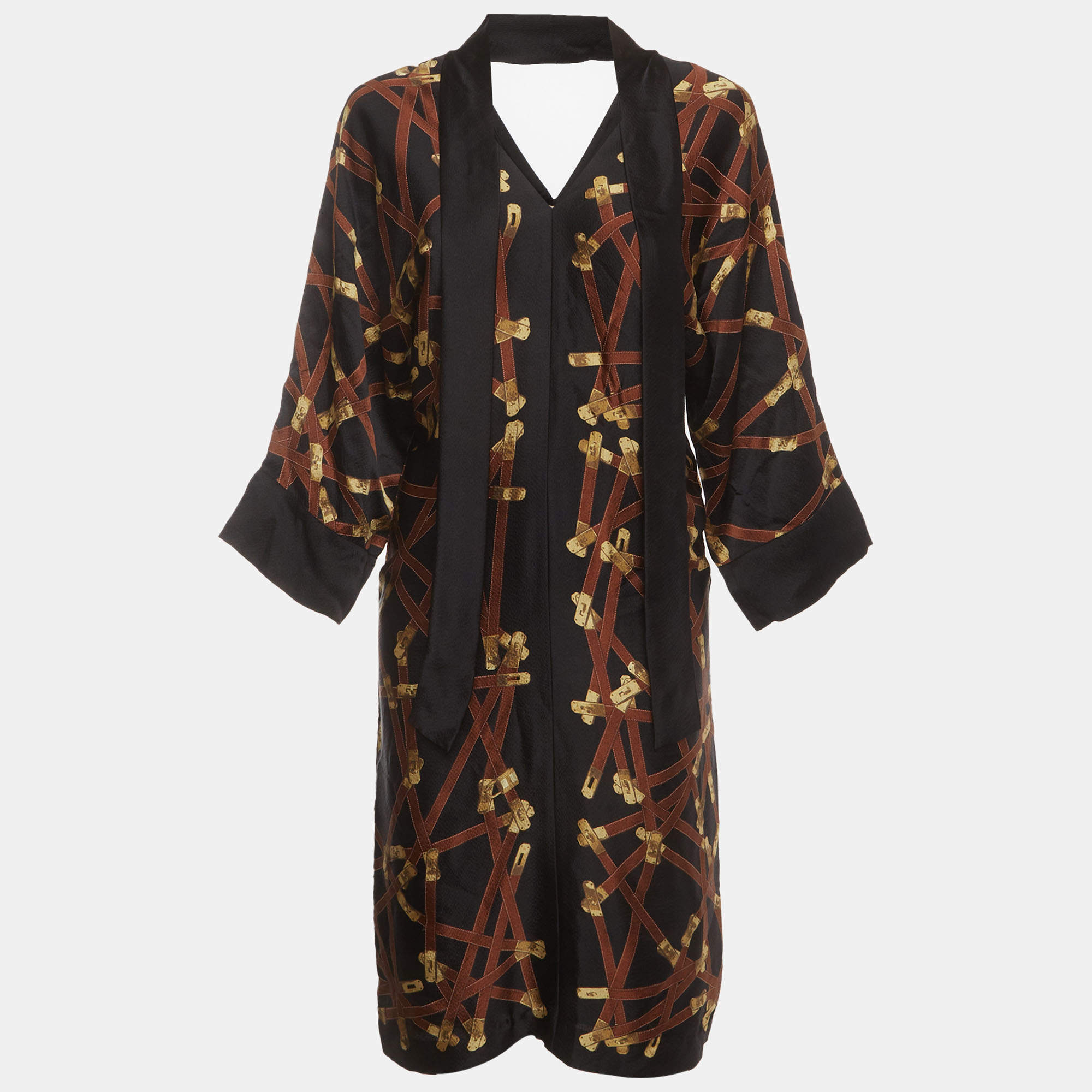 مملوكة مسبقًا Hermès Black Belt Print Silk Neck Tie Dress S