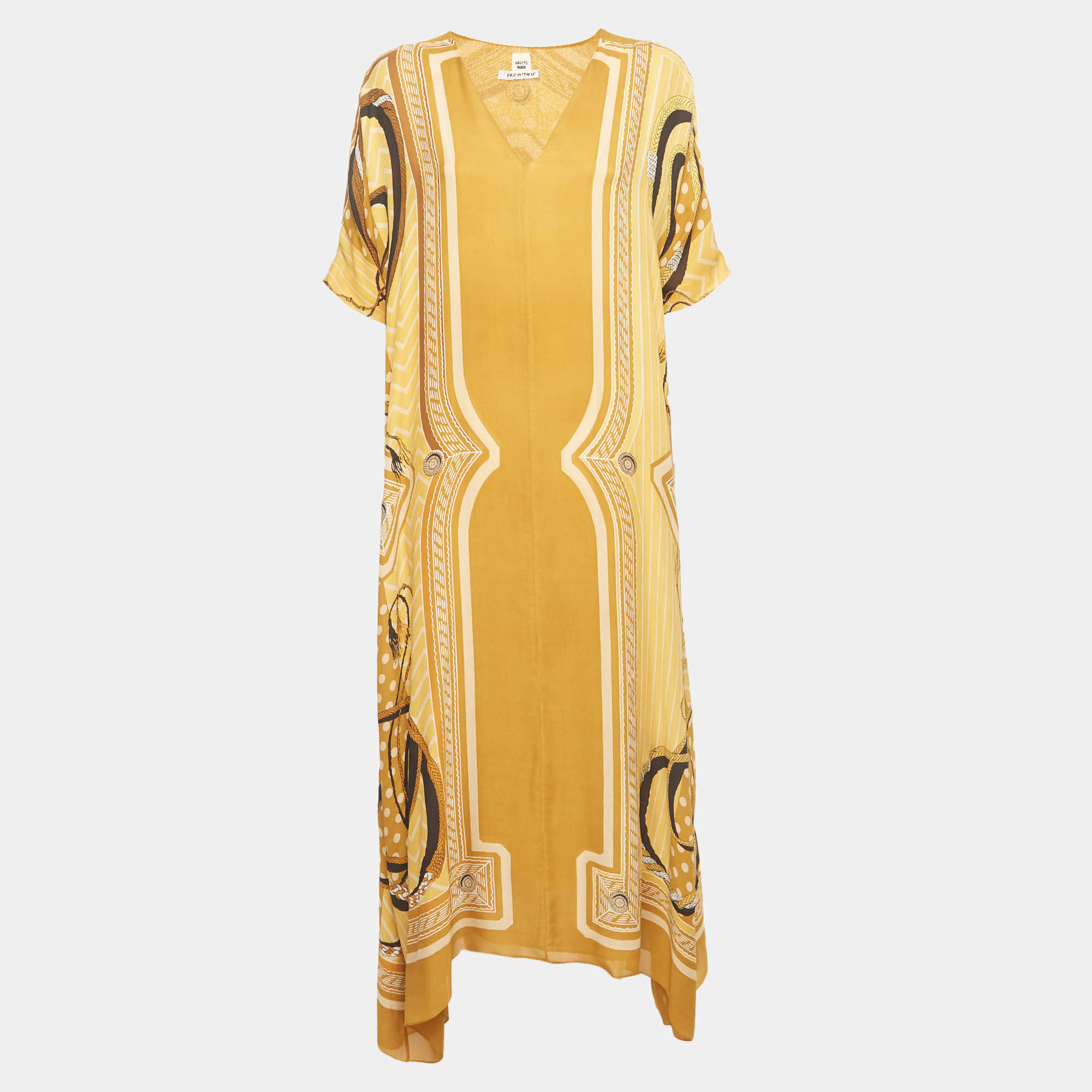 Pre Owned Hermes Brown Printed Crepe V-Neck Kaftan S 