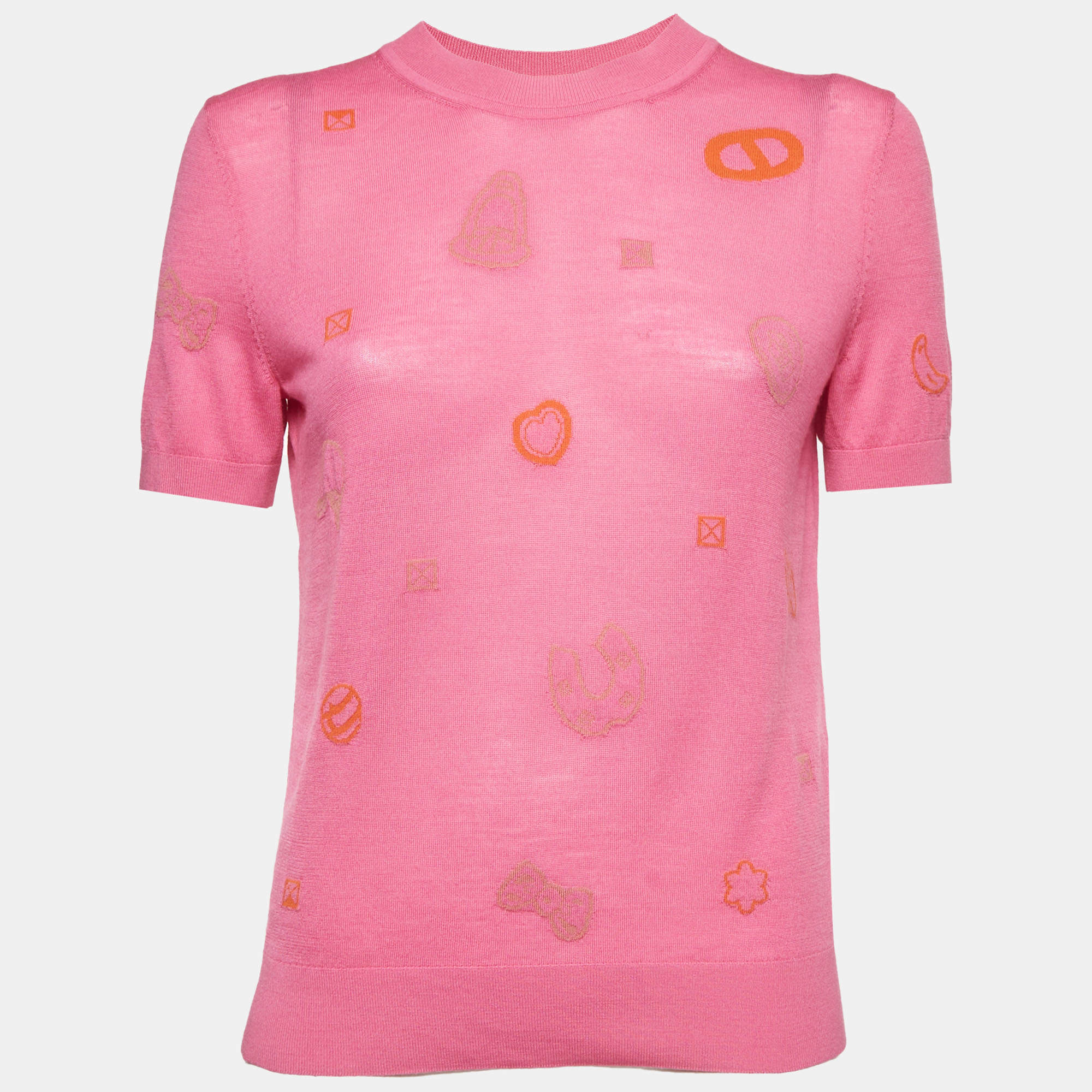 Pre Owned Hermès Pink Candy Libris Wool Knit Short-Sleeve Sweater M