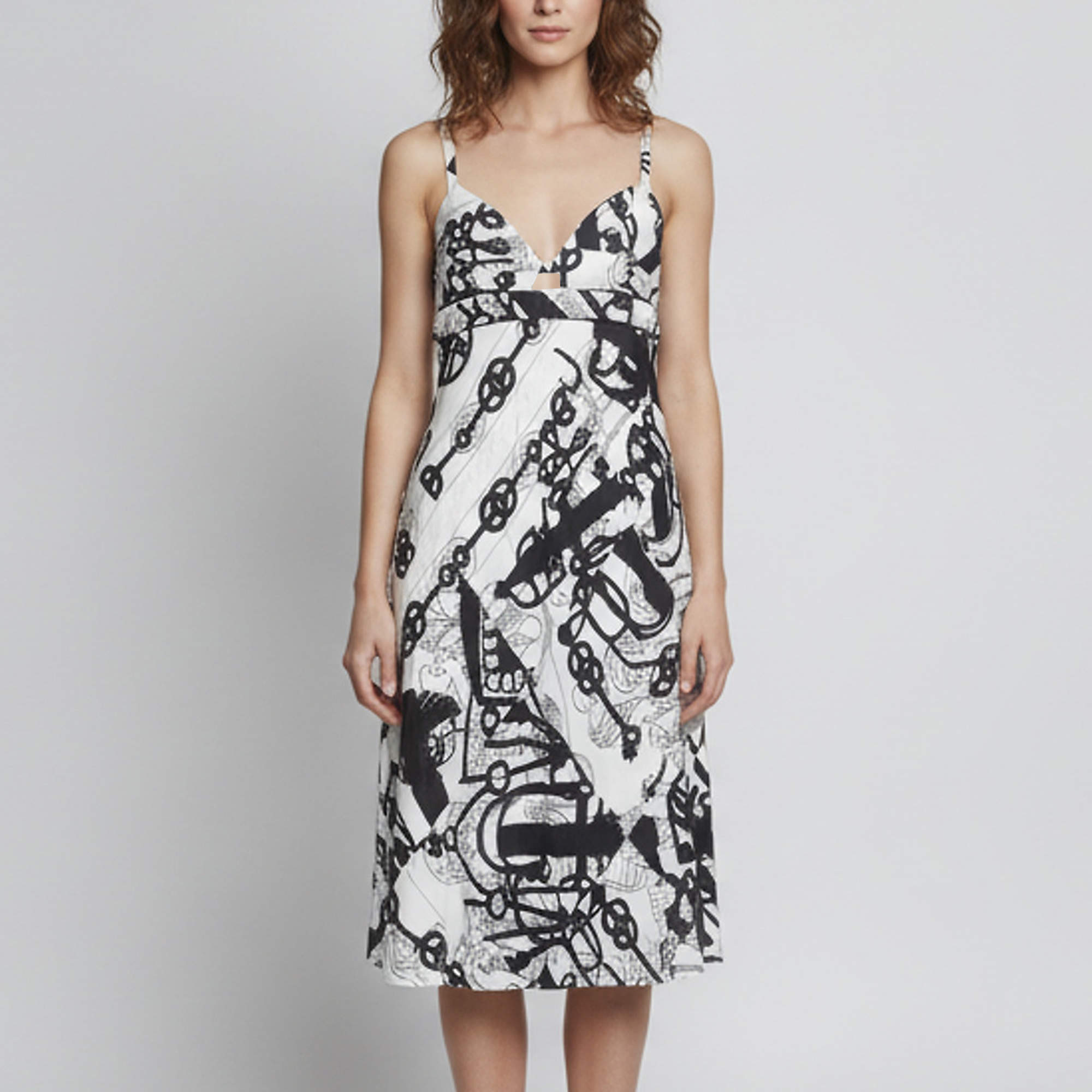 Pre Owned Hermes White/Black Cliquetis Tattoo Aquarelle Print Silk Strappy Dress M