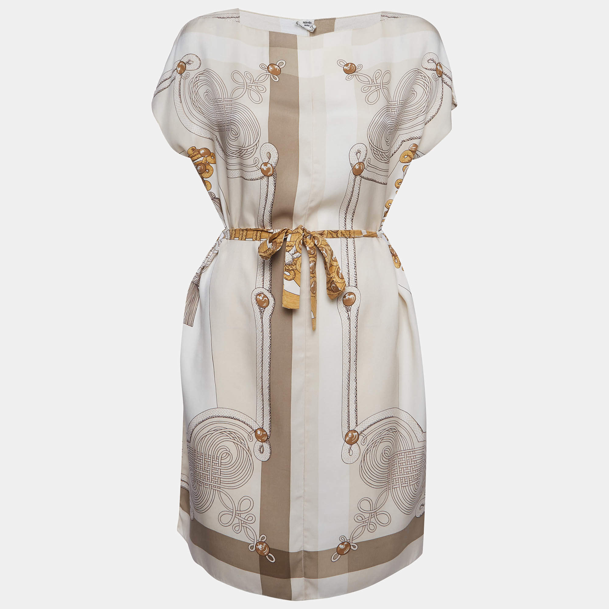 Pre Owned Hermès Beige Grand Tralala Print Silk Belted Mini Dress M