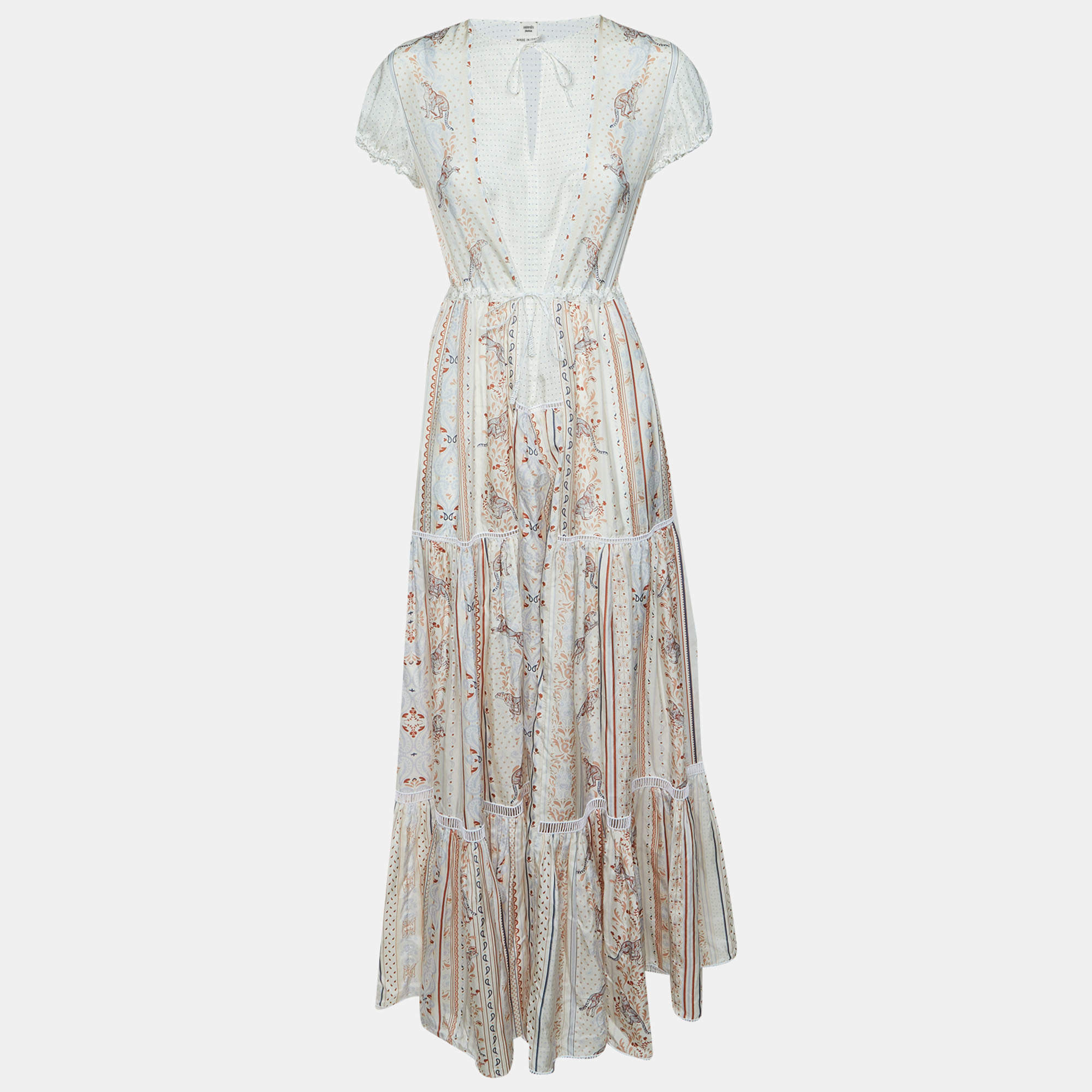 مملوكة مسبقًا Hermes White Guépards et Palmettes Rayé Print Silk Maxi Dress M