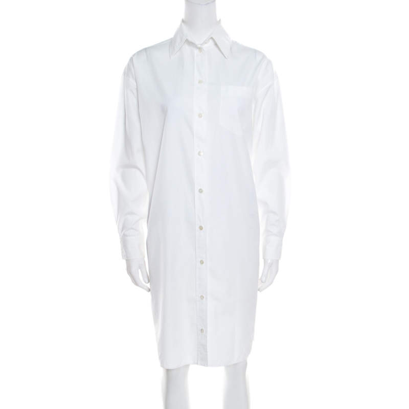 Pre Owned Hermes White Cotton Button Front Shirt Dress S