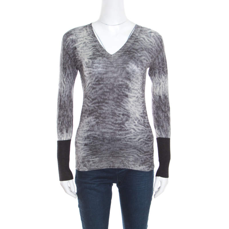 Hermes Grey Tie Dye Effect Wool V Neck Sweater S