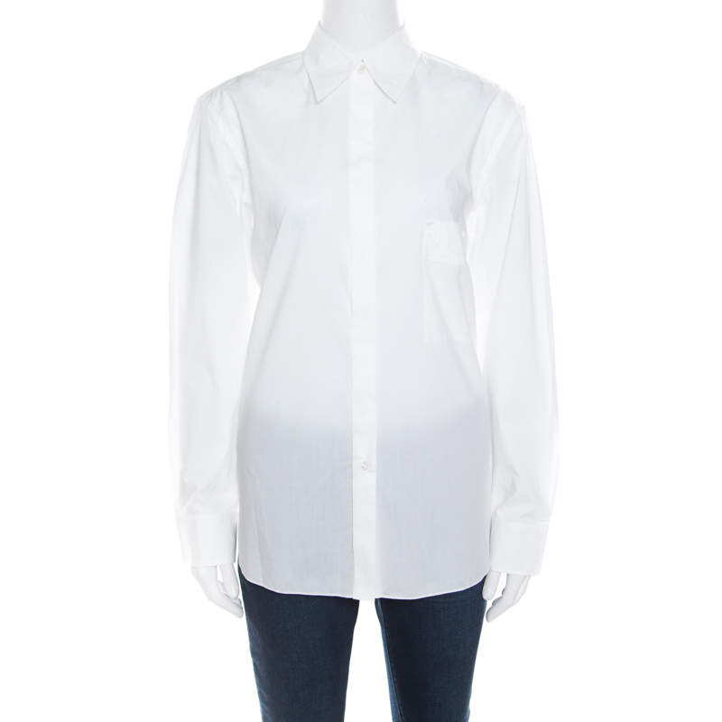 Pre Owned Hermes White Cotton Logo Embroidered Detachable Collar Detail Shirt M
