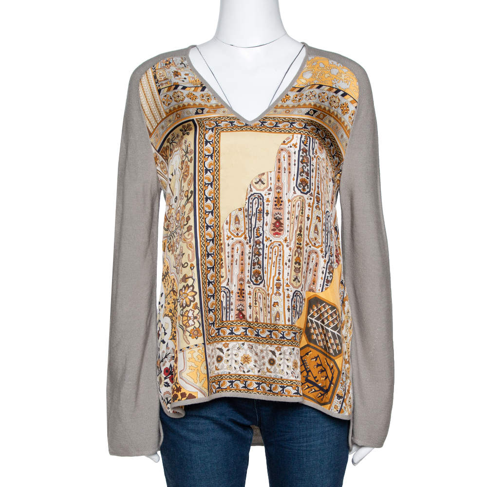 Hermes Grey Alpaca & Silk Floral Print Paneled Sweater M