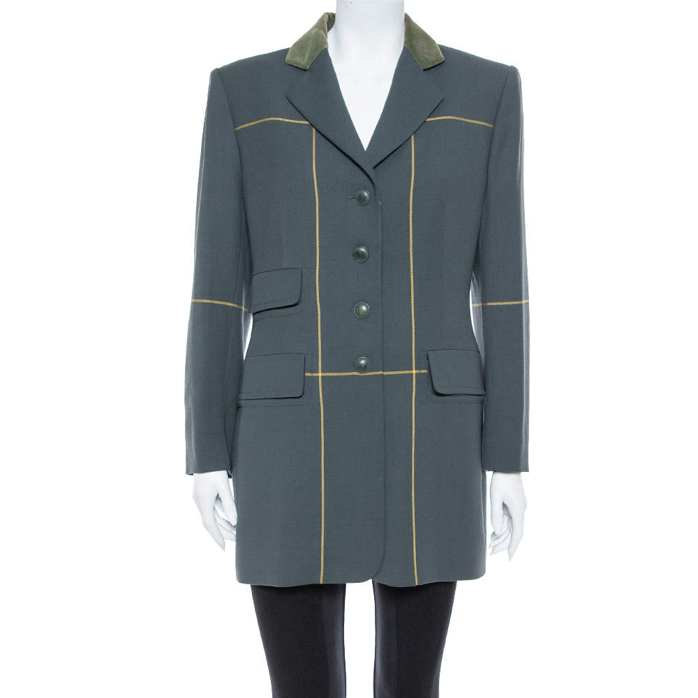 Hermes Uniform Green Wool & Velvet Collar Detail Knee Length Vintage Coat L