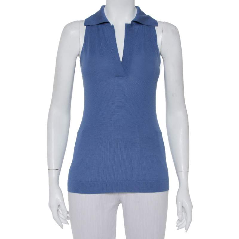 Pre Owned Hermès Blue Cashmere Sleeveless Polo T-Shirt S