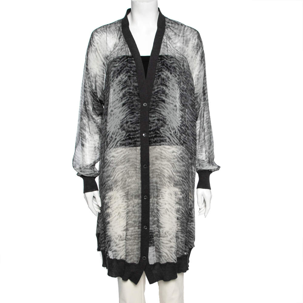 Hermes Grey Printed Silk & Wool Trimmed Button Front Long Cardigan M