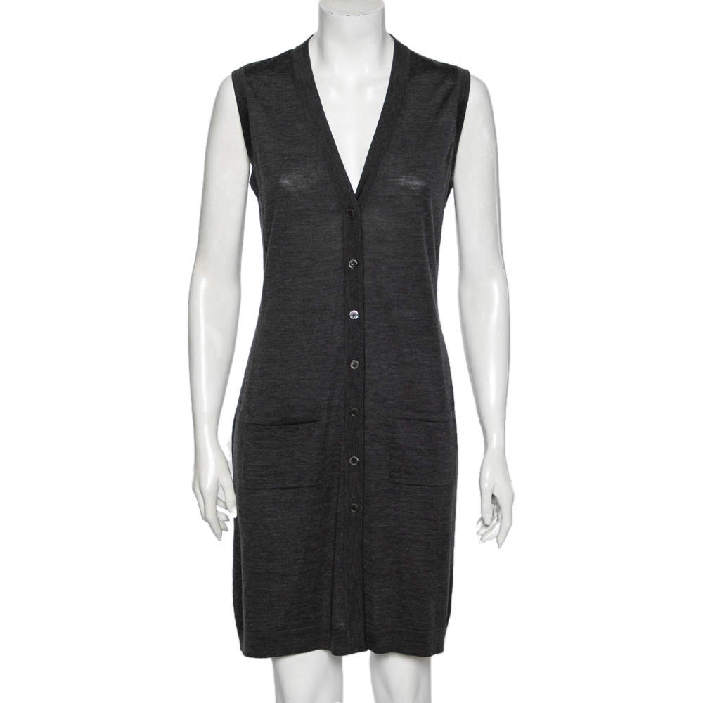 Hermes Charcoal Grey Wool Sleeveless Button Front Long cardigan M